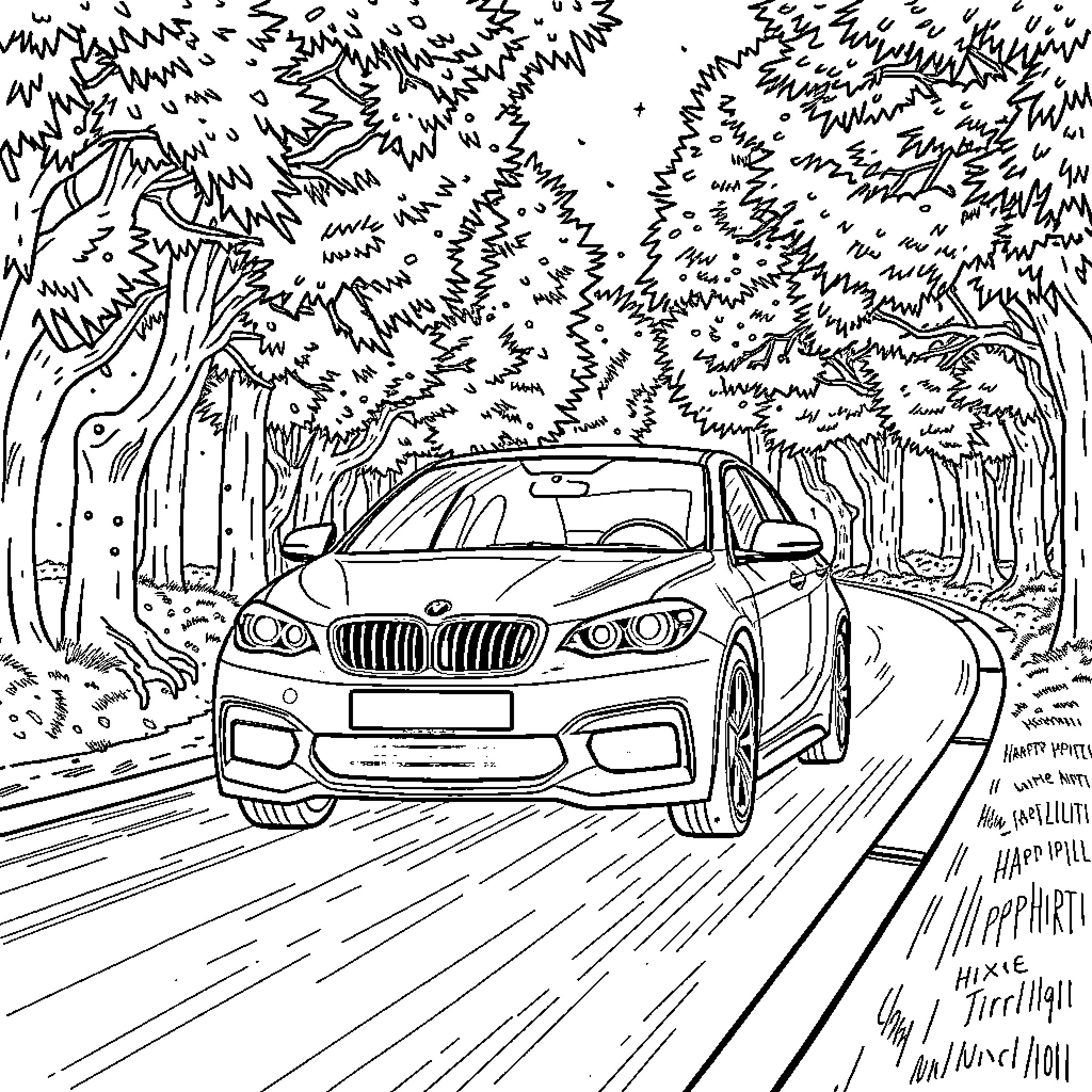 Car speeding through a winding forest road Coloring Page (free black-and-white line drawing printable PDF for all, from beginners to advanced learners, including children, teens, adults, and seniors)