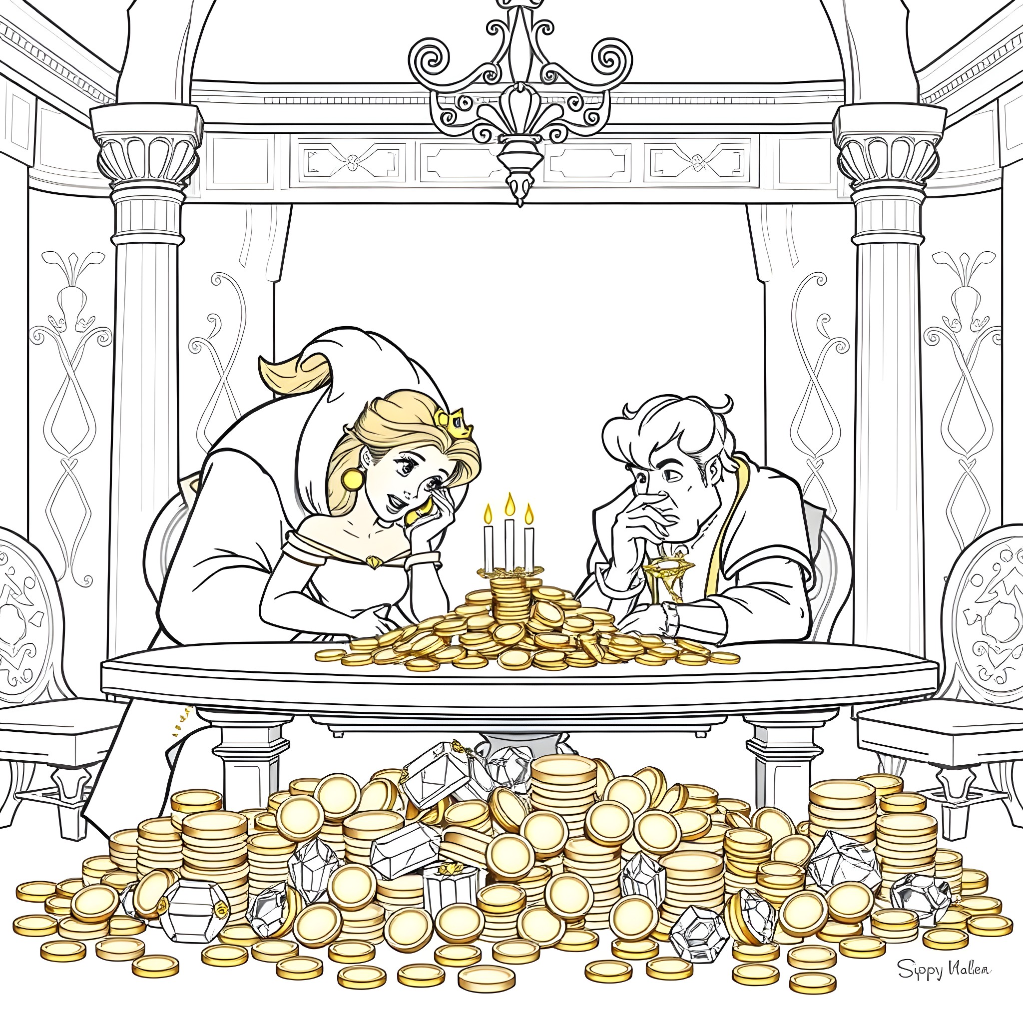Belle and Beast Surrounded by Riches Coloring Page (free black-and-white line drawing printable PDF for all, from beginners to advanced learners, including children, teens, adults, and seniors)