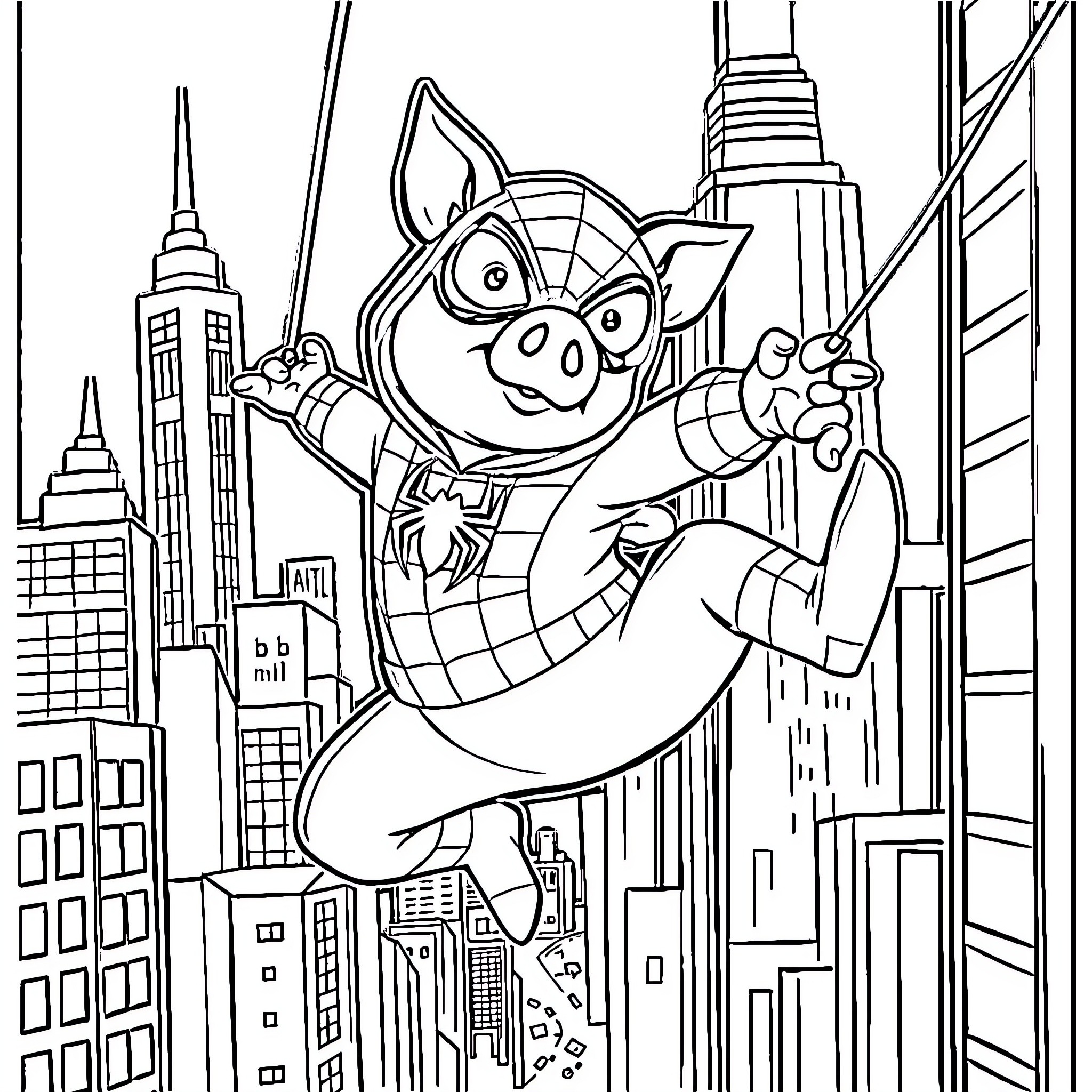 Spiderman Piggy Swinging Through Cityscape Coloring Page (free black-and-white line drawing printable PDF for all, from beginners to advanced learners, including children, teens, adults, and seniors)