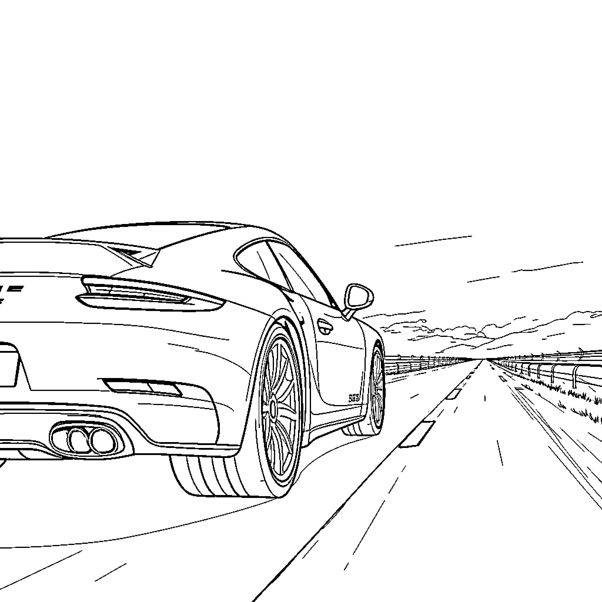Porsche speeding down the open road Coloring Page (free black-and-white line drawing printable PDF for all, from beginners to advanced learners, including children, teens, adults, and seniors)