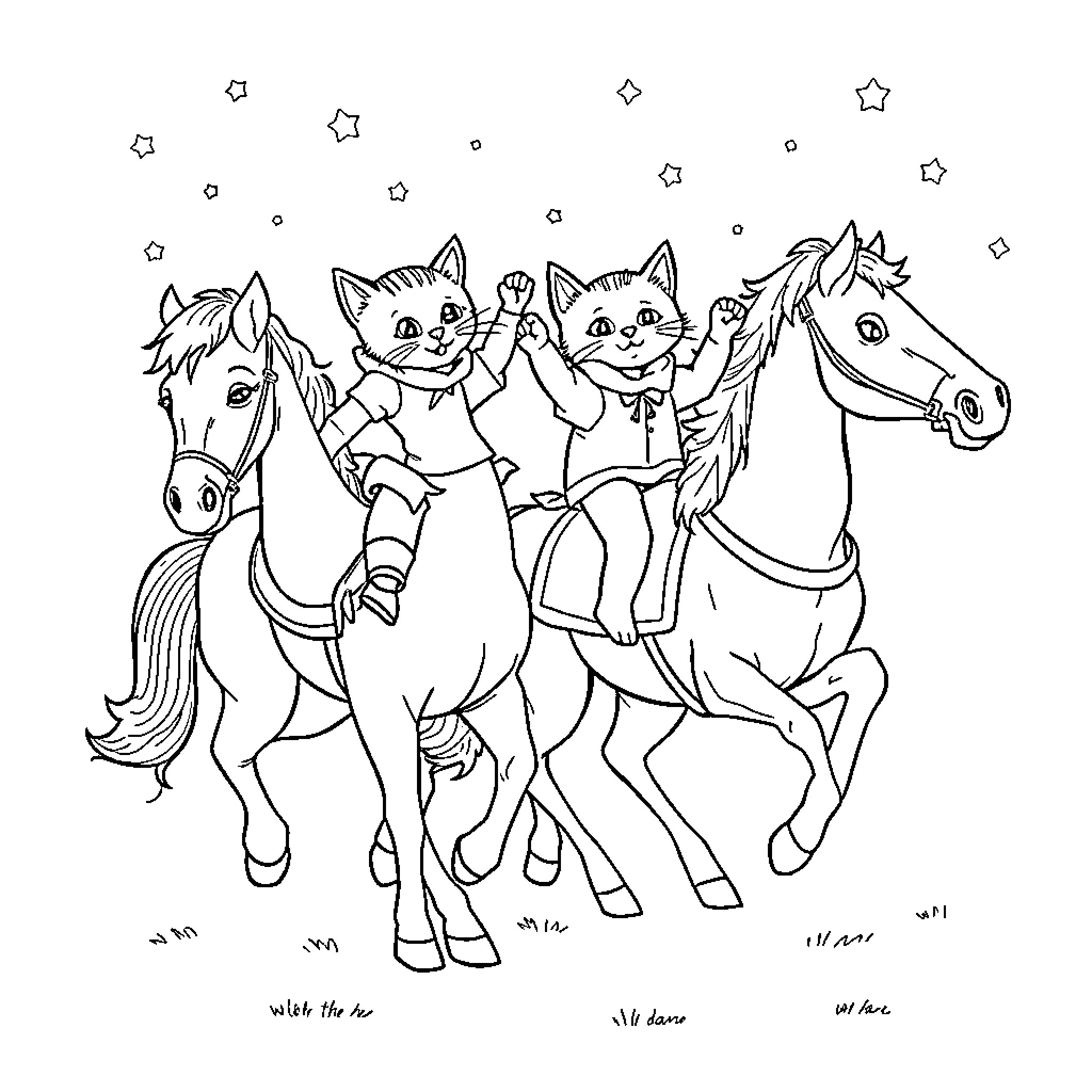 Kitten friends riding on horses under the stars Coloring Page (free black-and-white line drawing printable PDF for all, from beginners to advanced learners, including children, teens, adults, and seniors)