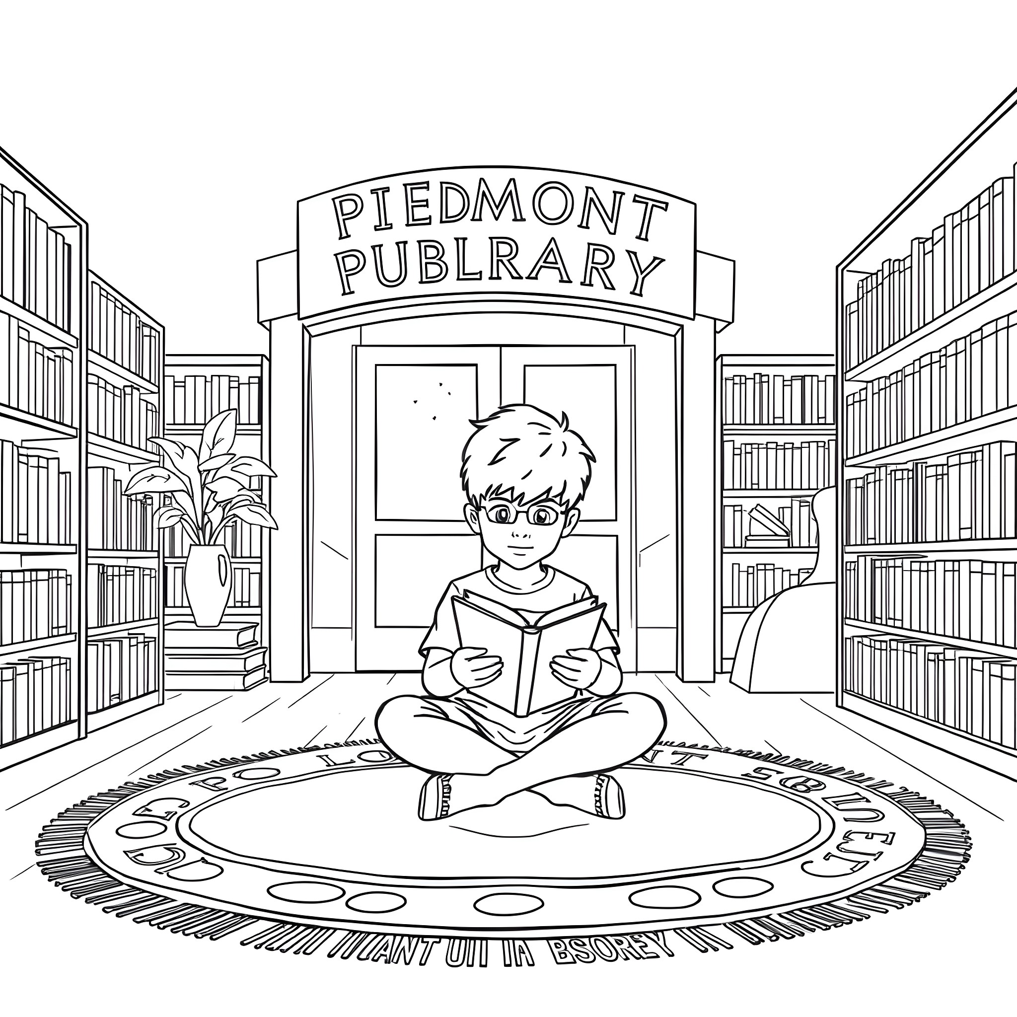 Boy reading books in the library Coloring Page (free black-and-white line drawing printable PDF for all, from beginners to advanced learners, including children, teens, adults, and seniors)