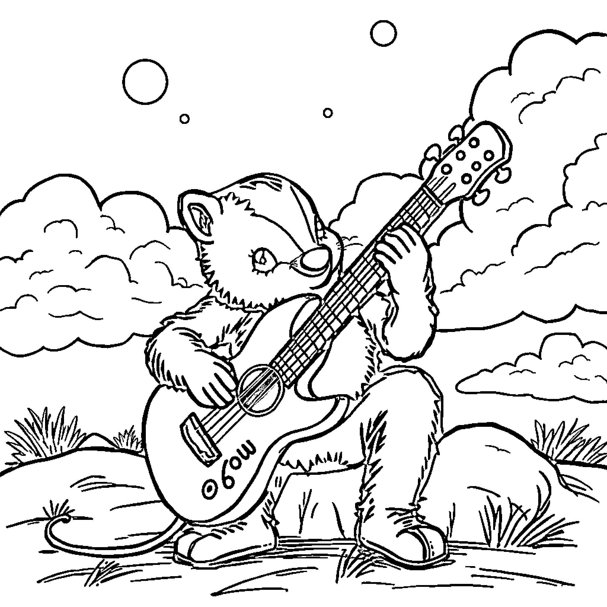 Bird playing guitar in the countryside Coloring Page (free black-and-white line drawing printable PDF for all, from beginners to advanced learners, including children, teens, adults, and seniors)