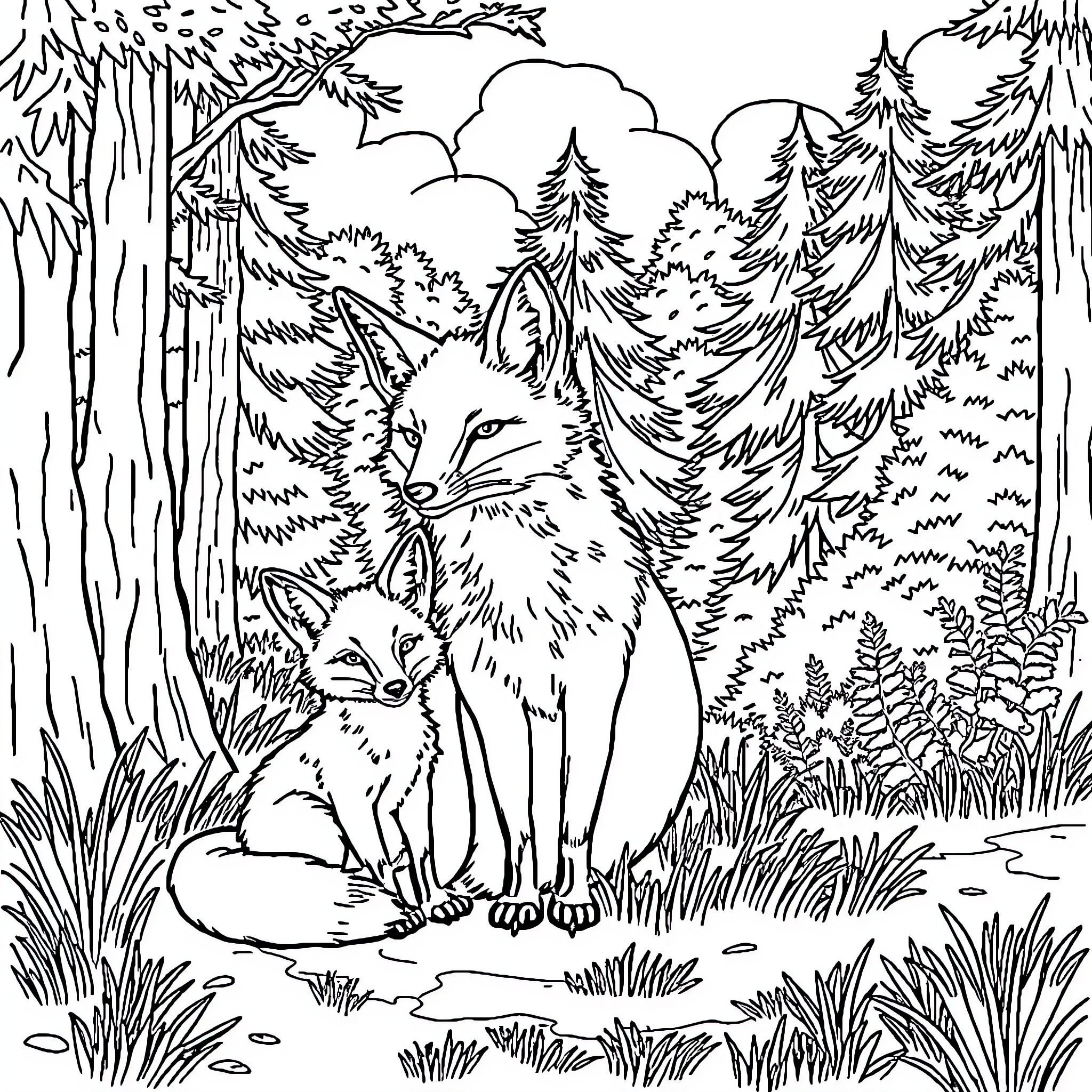 Fox family in the enchanting forest Coloring Page (free black-and-white line drawing printable PDF for all, from beginners to advanced learners, including children, teens, adults, and seniors)