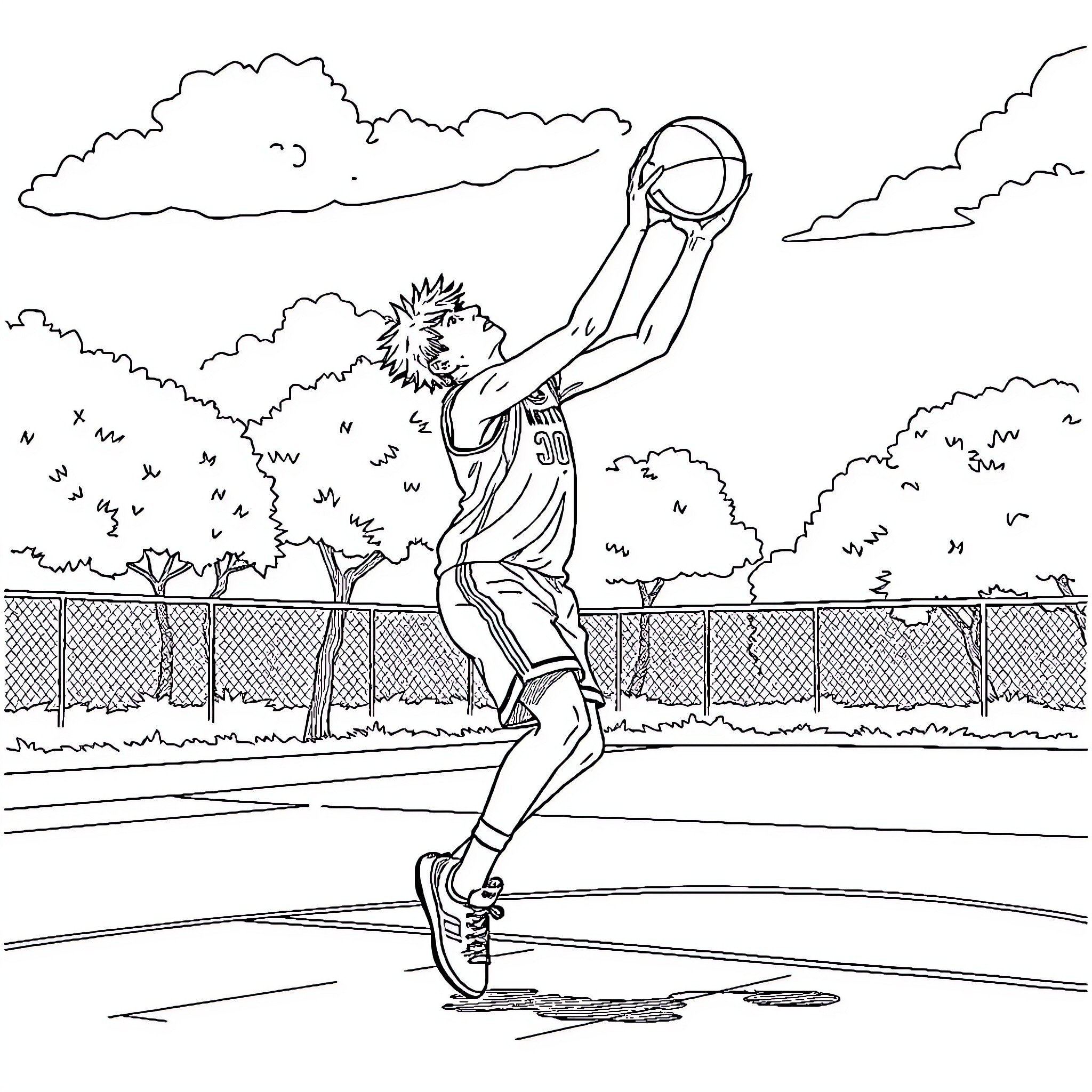 Suga's Slam Dunk: An Athletic Showdown Coloring Page (free black-and-white line drawing printable PDF for all, from beginners to advanced learners, including children, teens, adults, and seniors)