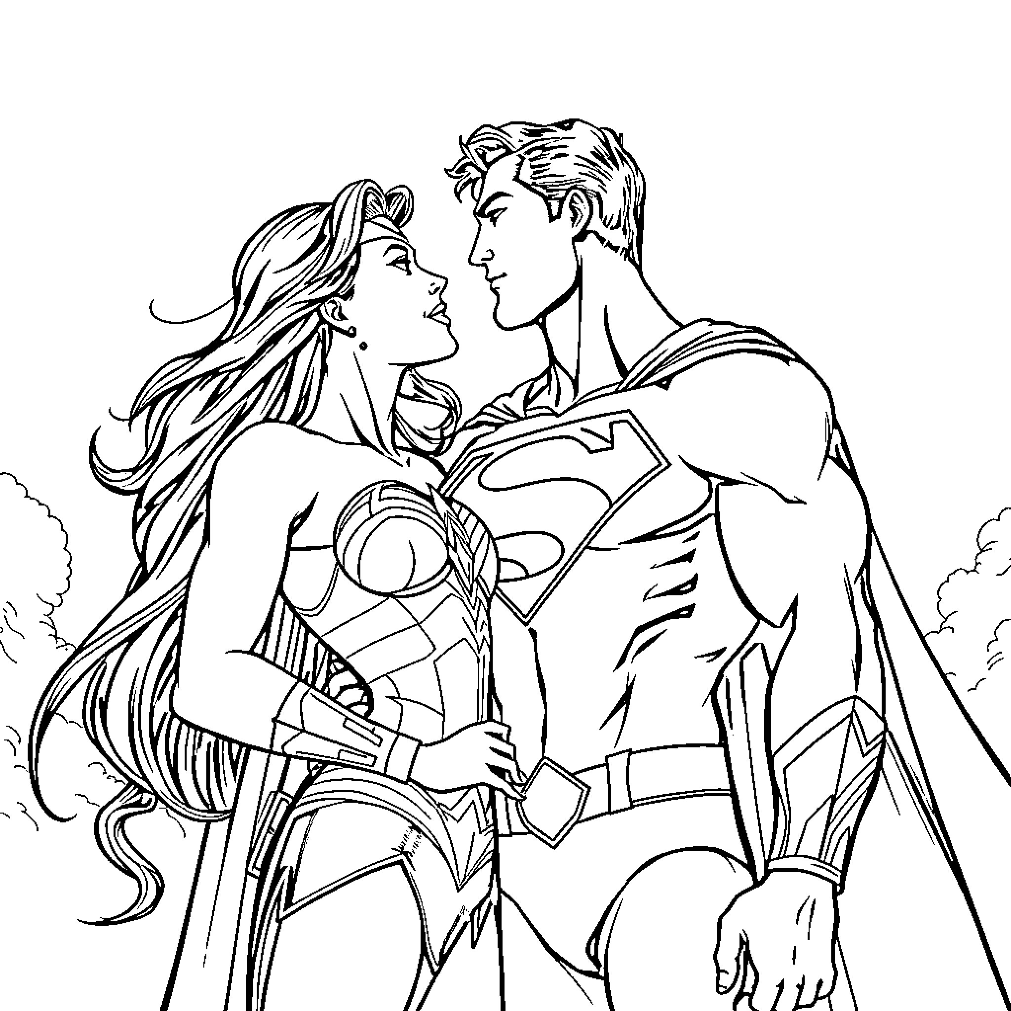Superman and Wonder Woman in romantic embrace Coloring Page (free black-and-white line drawing printable PDF for all, from beginners to advanced learners, including children, teens, adults, and seniors)