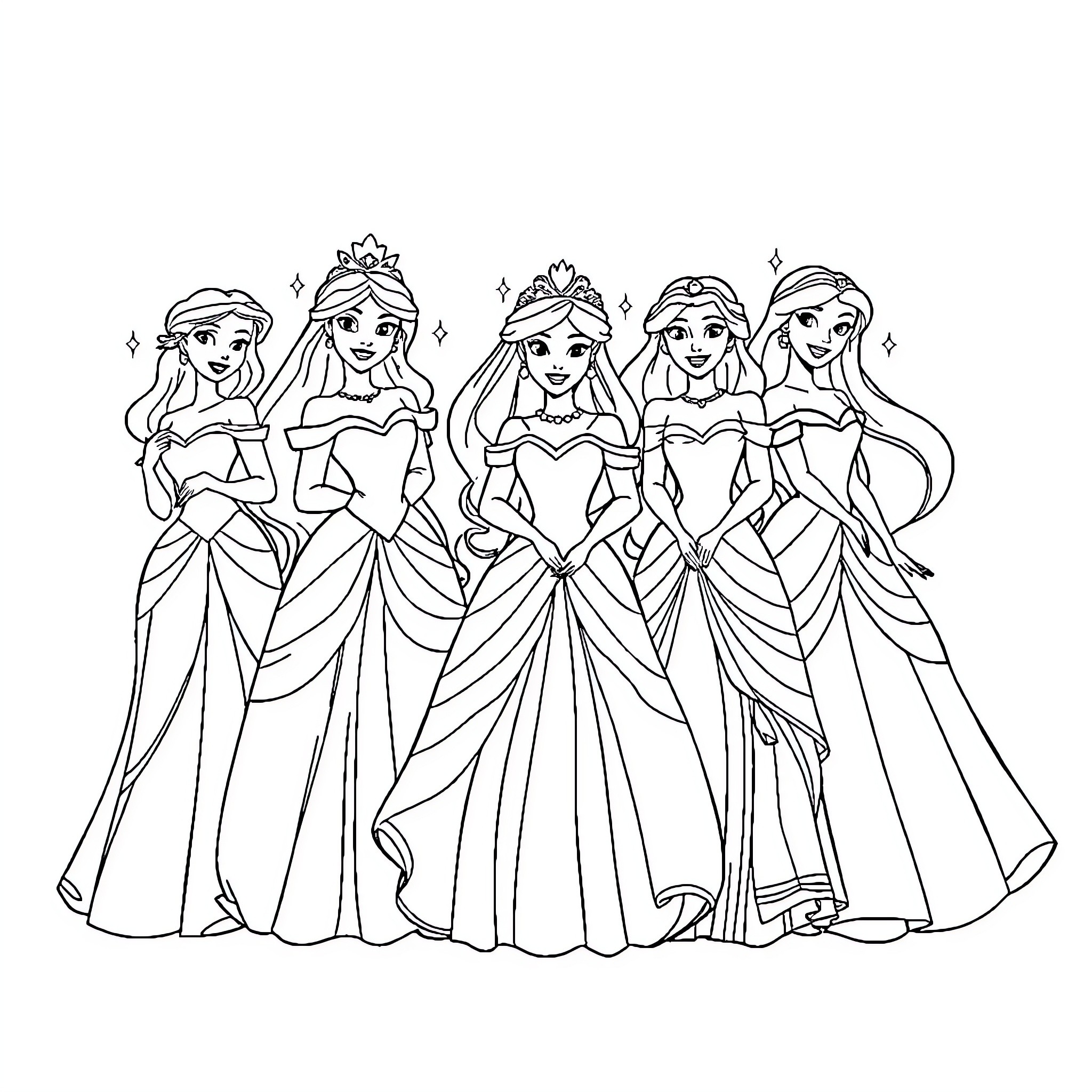 Disney Princesses in Elegant Evening Gowns Coloring Page (free black-and-white line drawing printable PDF for all, from beginners to advanced learners, including children, teens, adults, and seniors)