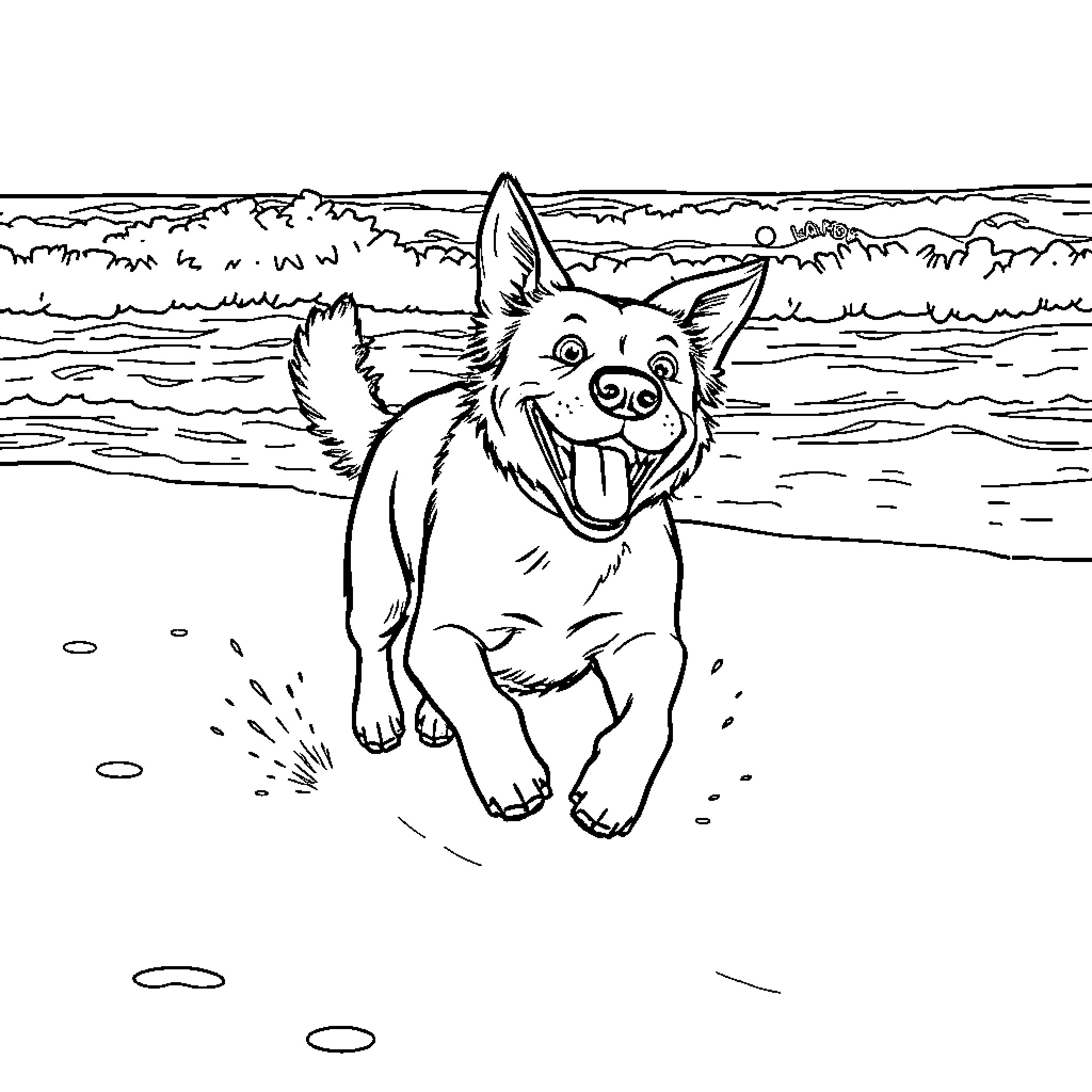 Dog playing joyfully on the beach Coloring Page (free black-and-white line drawing printable PDF for all, from beginners to advanced learners, including children, teens, adults, and seniors)