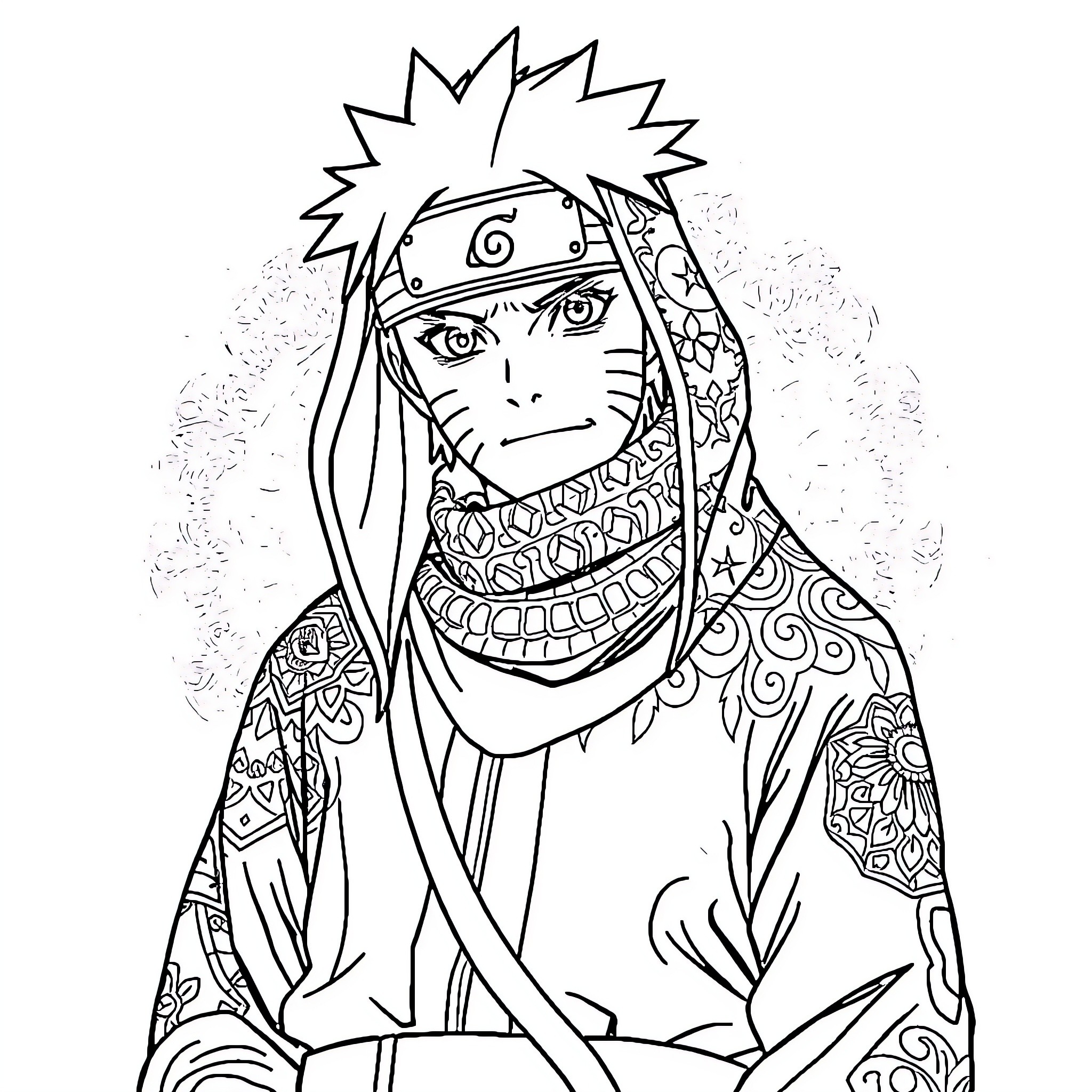 Naruto character in detailed, ornate outfit Coloring Page (free black-and-white line drawing printable PDF for all, from beginners to advanced learners, including children, teens, adults, and seniors)