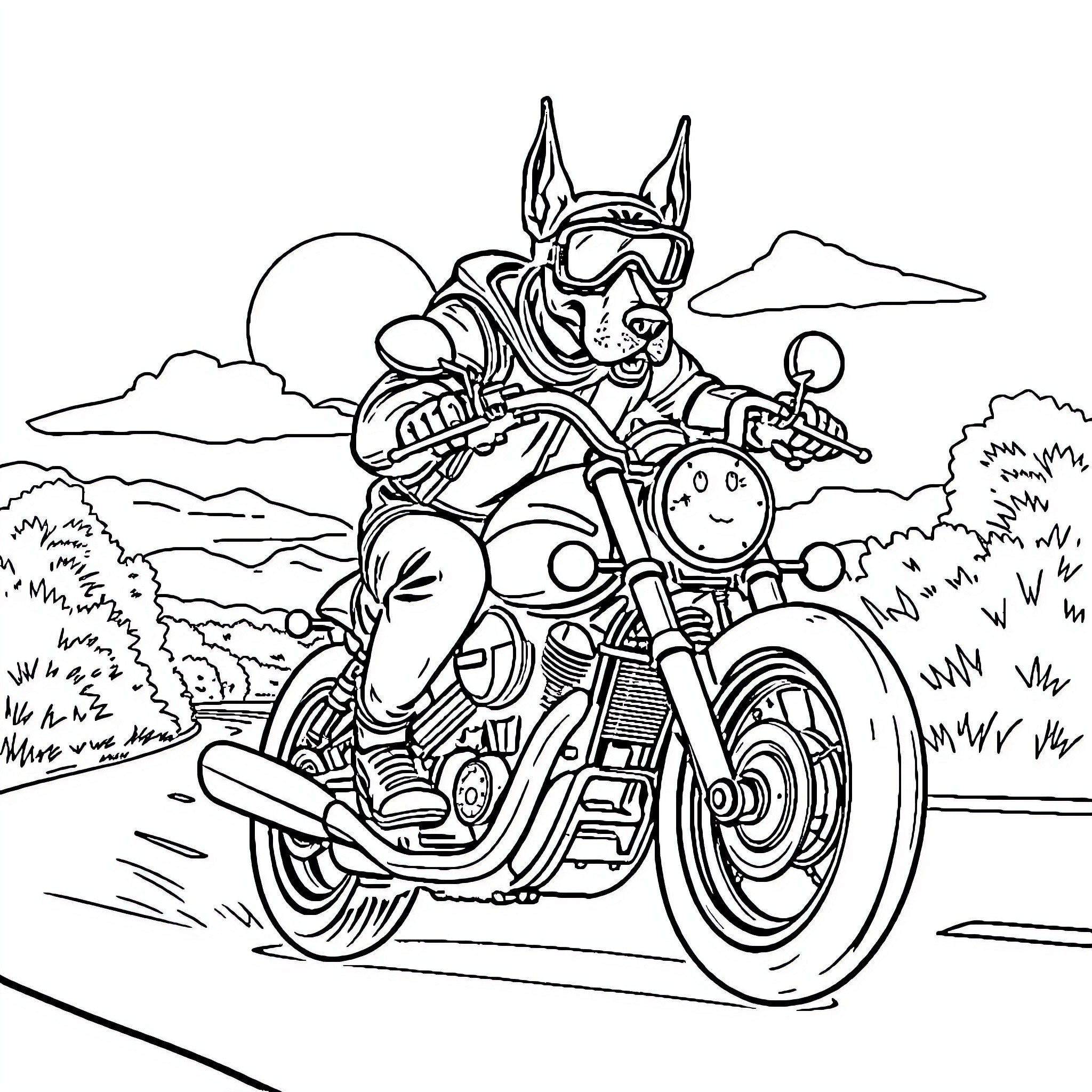 Doberman riding a motorcycle on a scenic road Coloring Page (free black-and-white line drawing printable PDF for all, from beginners to advanced learners, including children, teens, adults, and seniors)