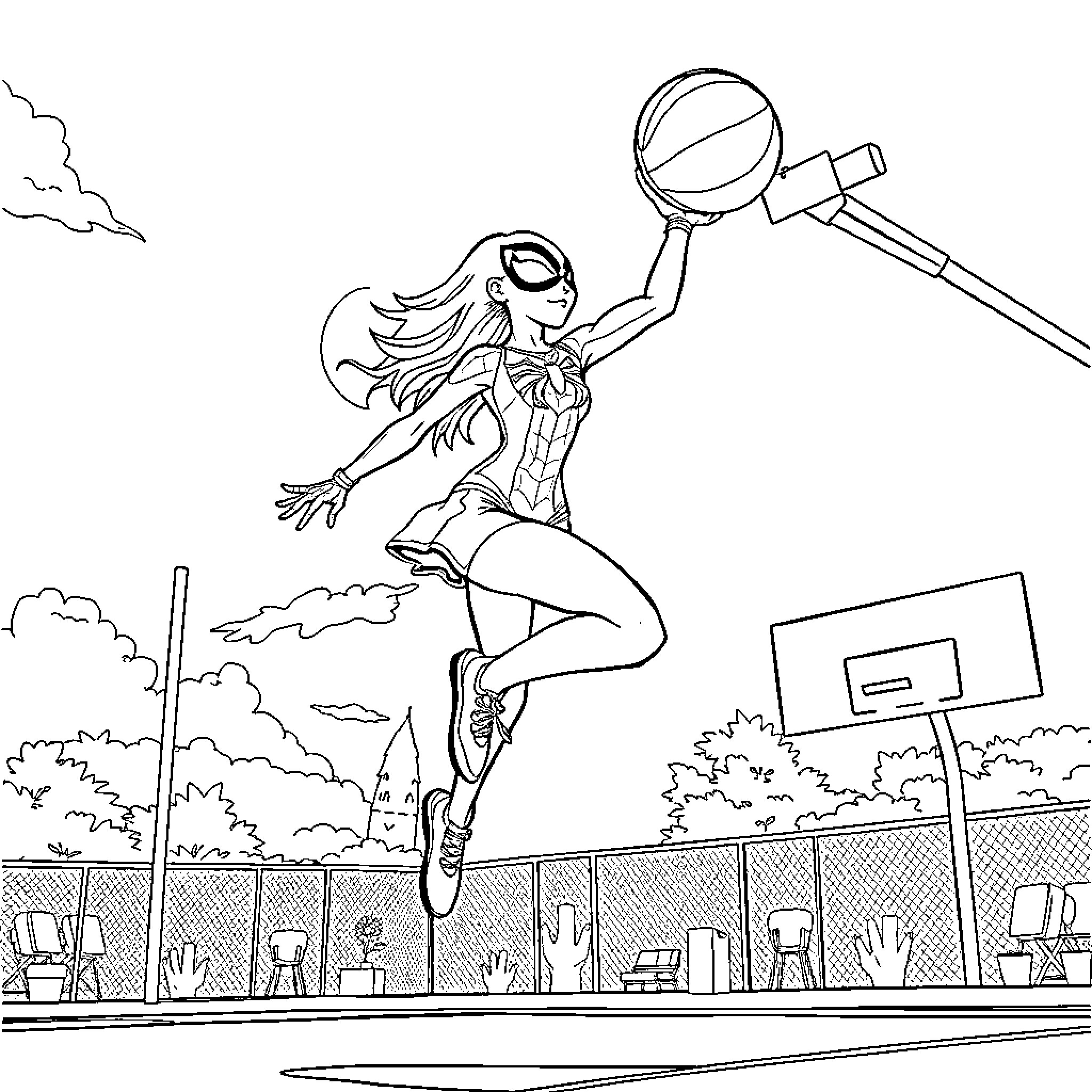 Spidergirl soaring through the air with basketball Coloring Page (free black-and-white line drawing printable PDF for all, from beginners to advanced learners, including children, teens, adults, and seniors)