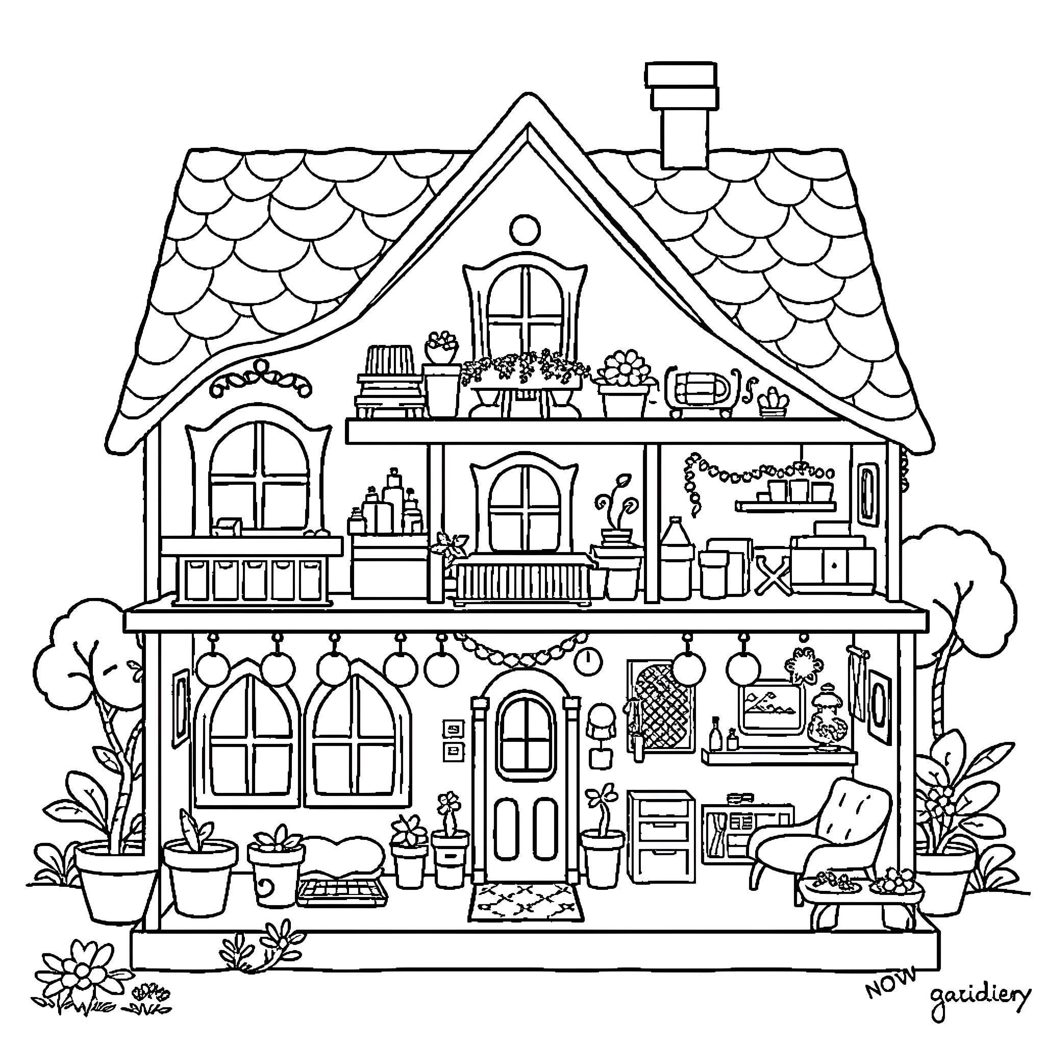 Gabiedollhouse full of charming decor and furnishings Coloring Page (free black-and-white line drawing printable PDF for all, from beginners to advanced learners, including children, teens, adults, and seniors)