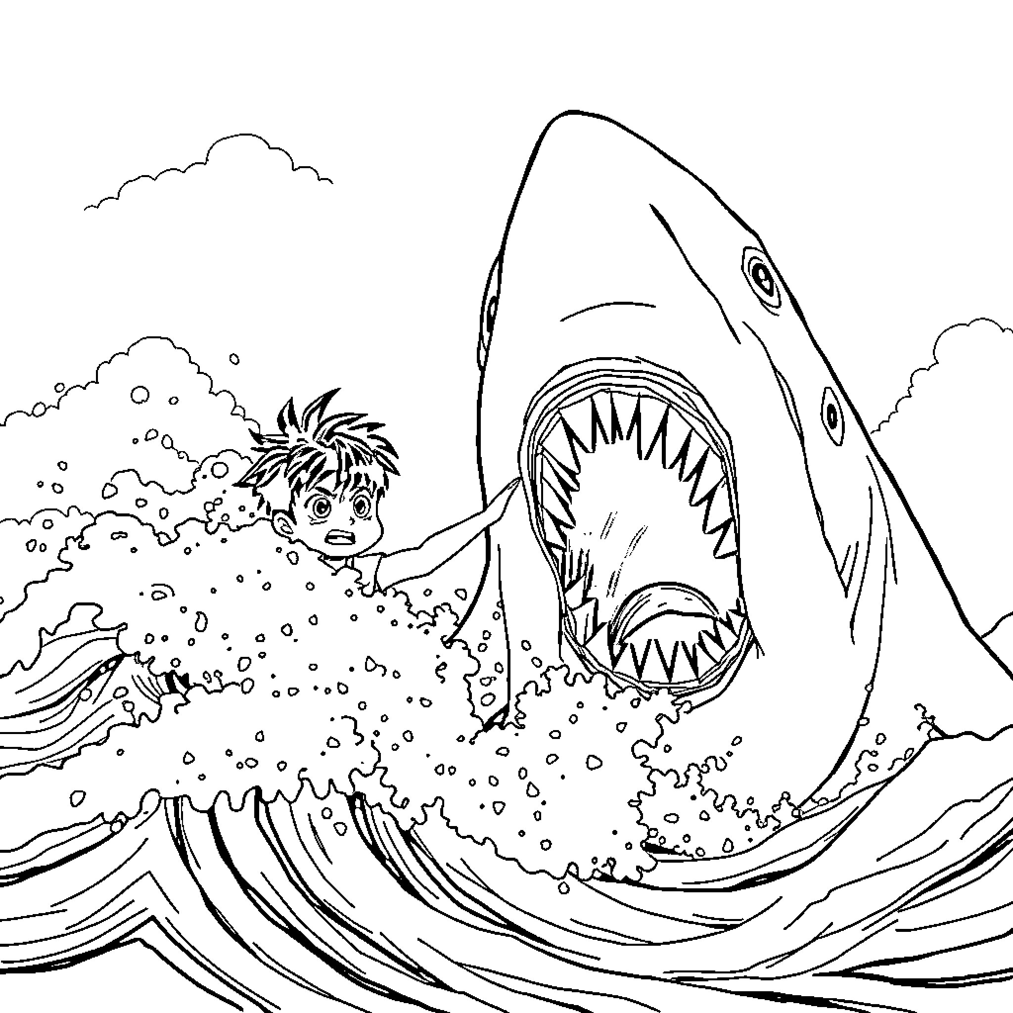Tanjiro facing a massive shark in a turbulent sea Coloring Page (free black-and-white line drawing printable PDF for all, from beginners to advanced learners, including children, teens, adults, and seniors)