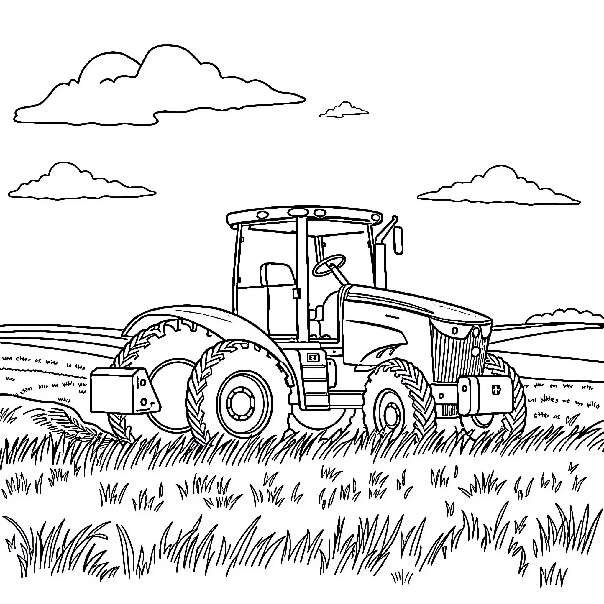 John Deere tractor plowing the field Coloring Page (free black-and-white line drawing printable PDF for all, from beginners to advanced learners, including children, teens, adults, and seniors)