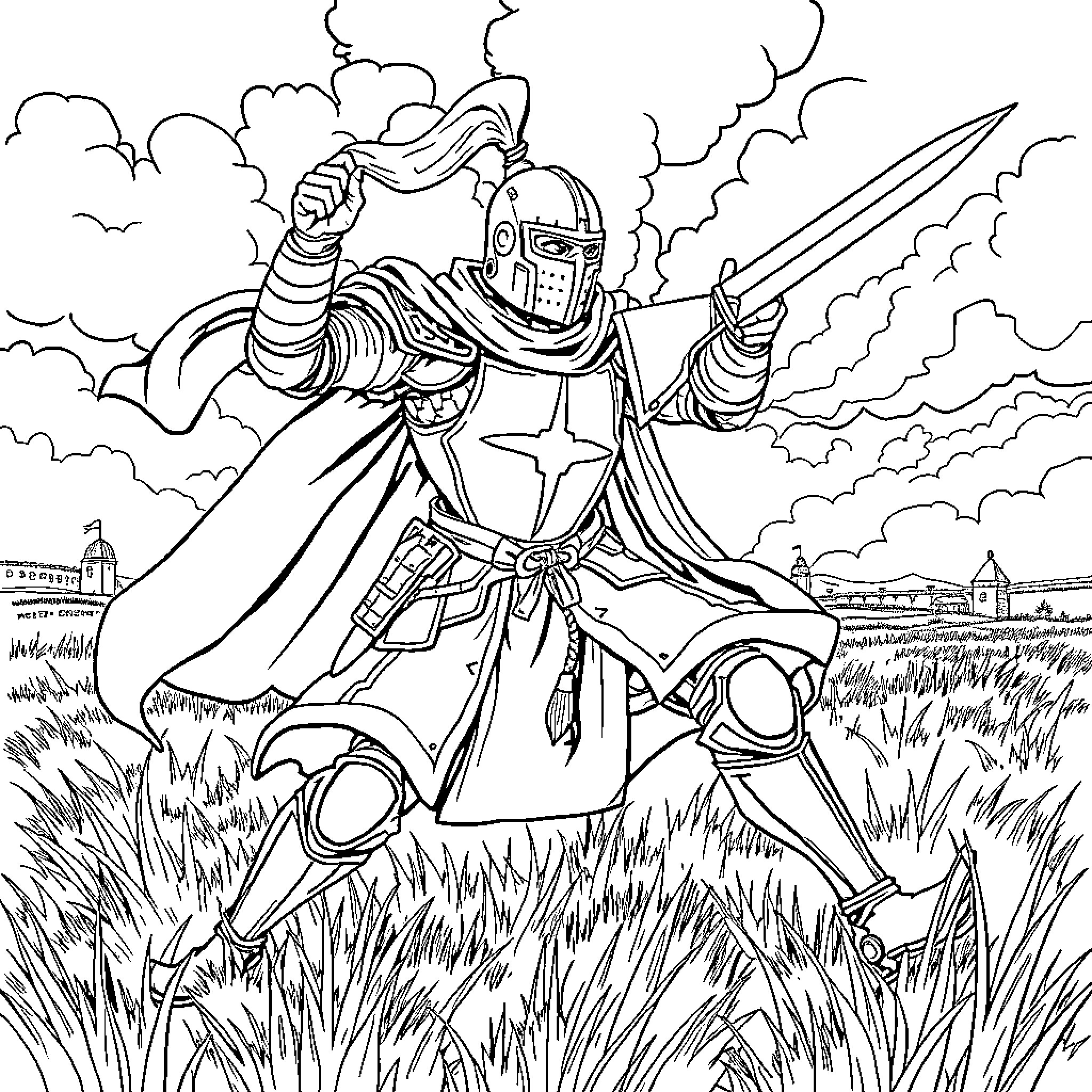 Knight charging with sword and shield in battle Coloring Page (free black-and-white line drawing printable PDF for all, from beginners to advanced learners, including children, teens, adults, and seniors)