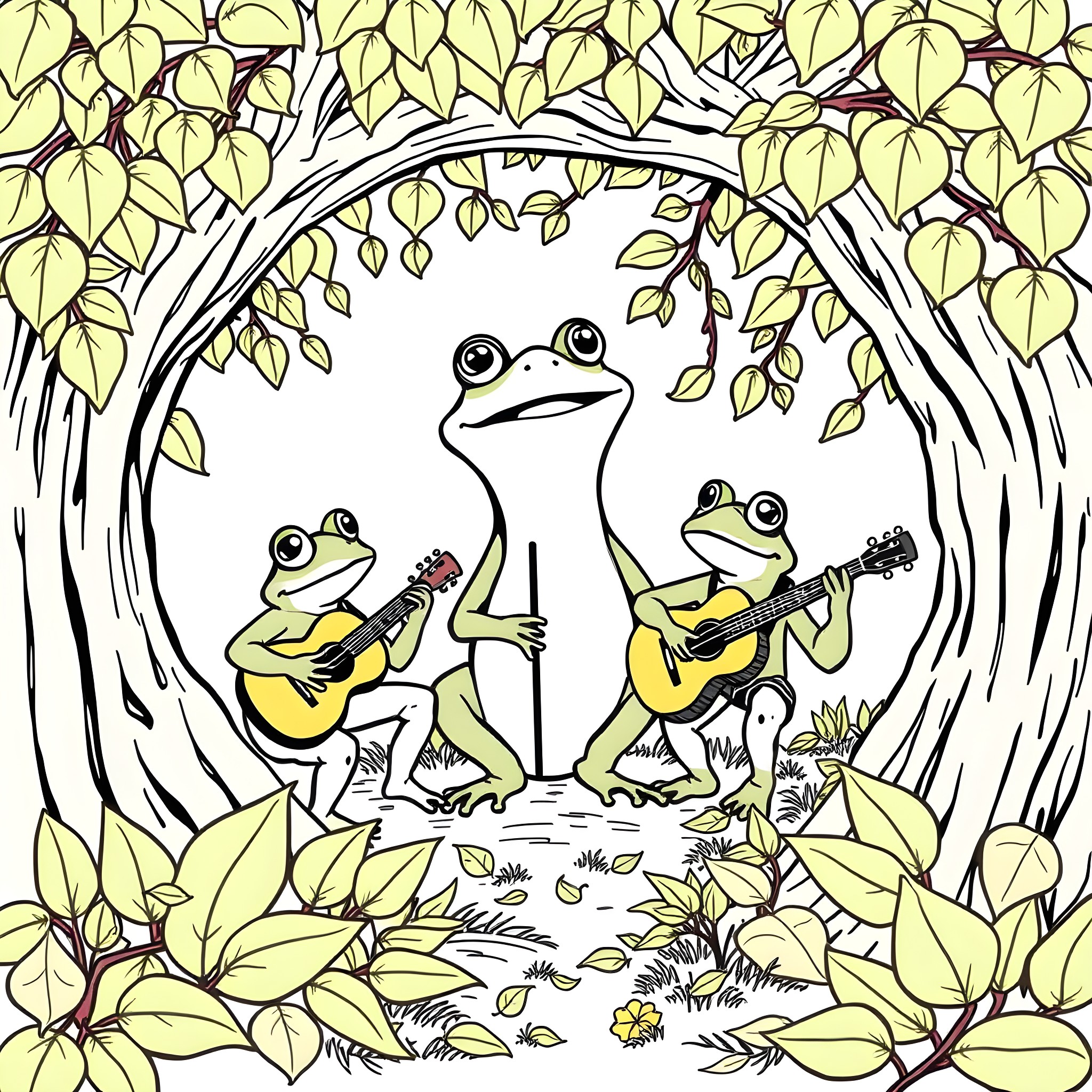 Tree Frogs Playing Guitars in a Leafy Forest Coloring Page (free black-and-white line drawing printable PDF for all, from beginners to advanced learners, including children, teens, adults, and seniors)