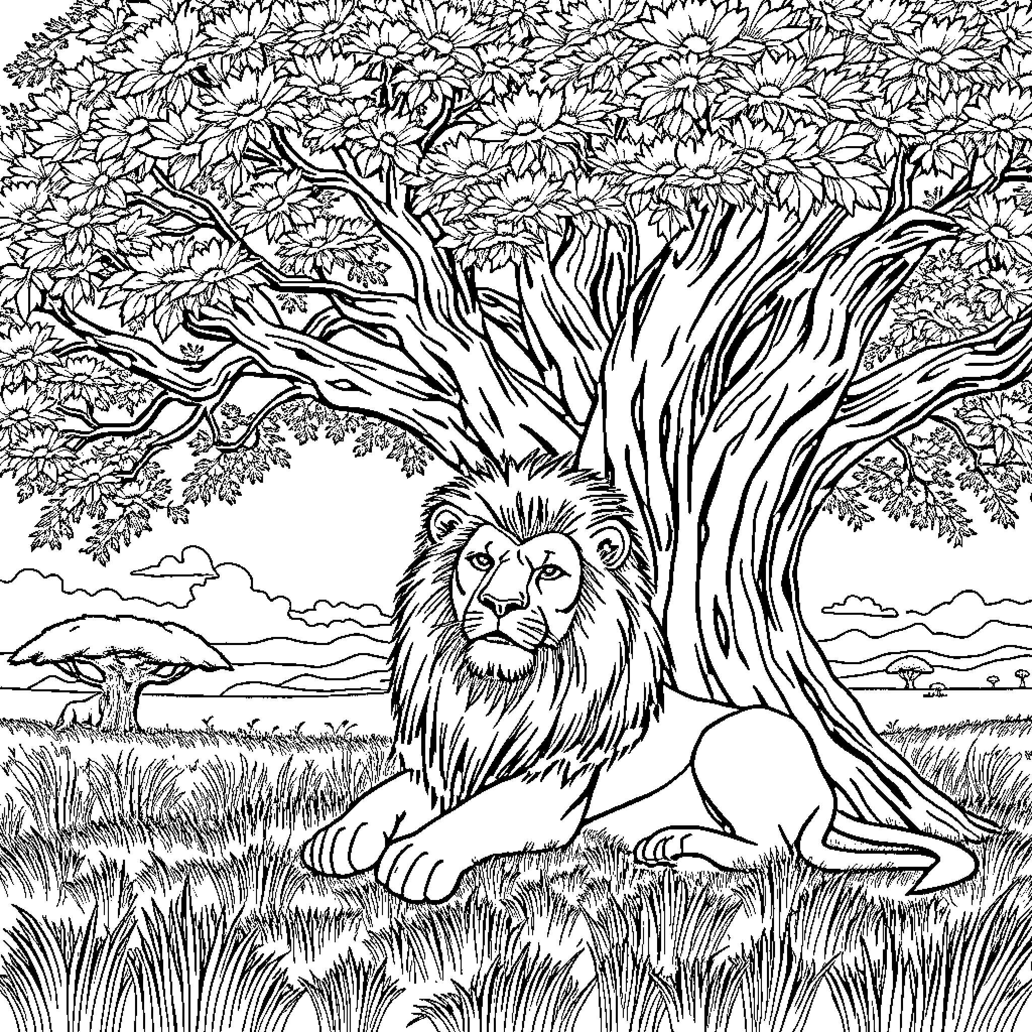 Lion resting under a large tree Coloring Page (free black-and-white line drawing printable PDF for all, from beginners to advanced learners, including children, teens, adults, and seniors)