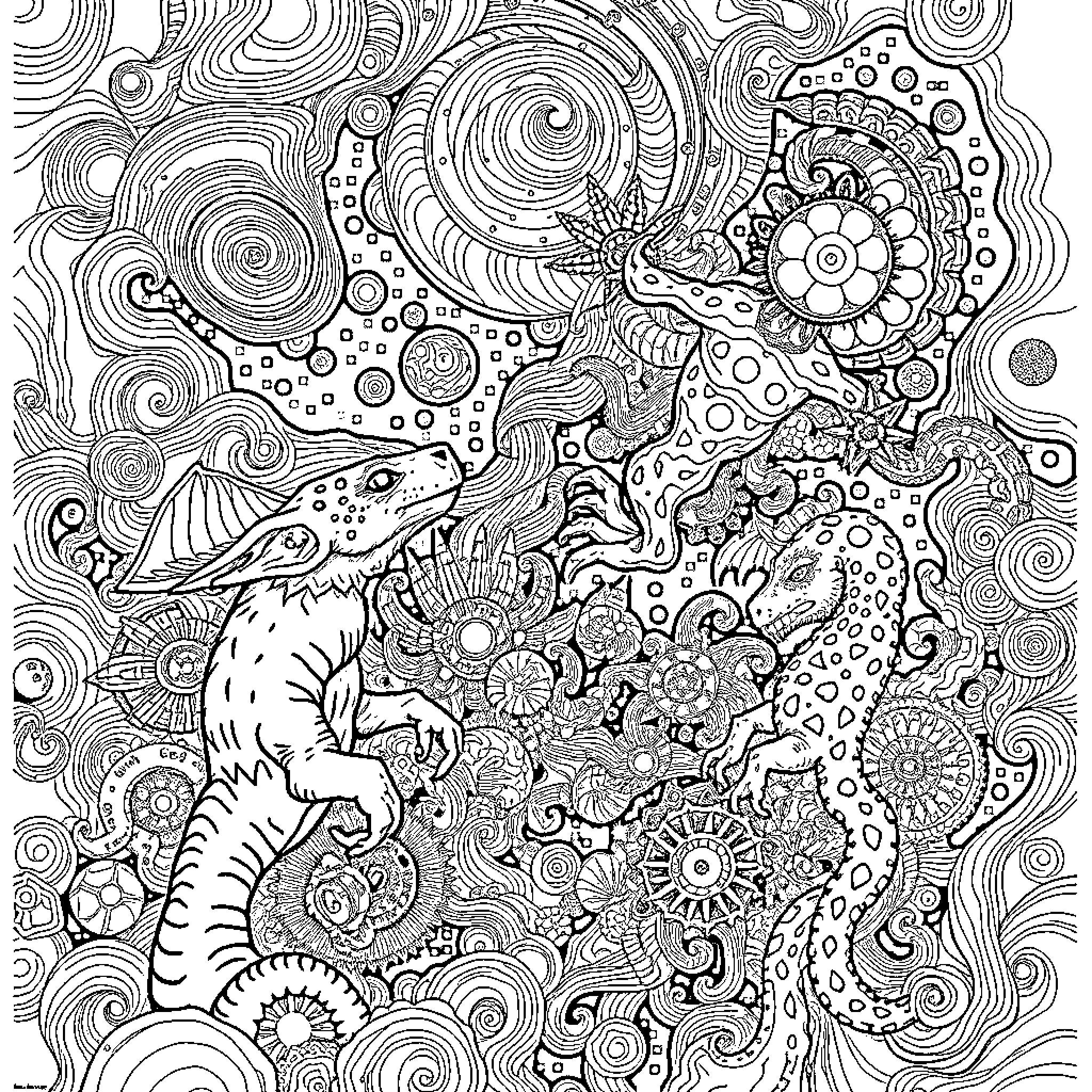 Universe of Whimsical Creatures and Patterns Coloring Page (free black-and-white line drawing printable PDF for all, from beginners to advanced learners, including children, teens, adults, and seniors)