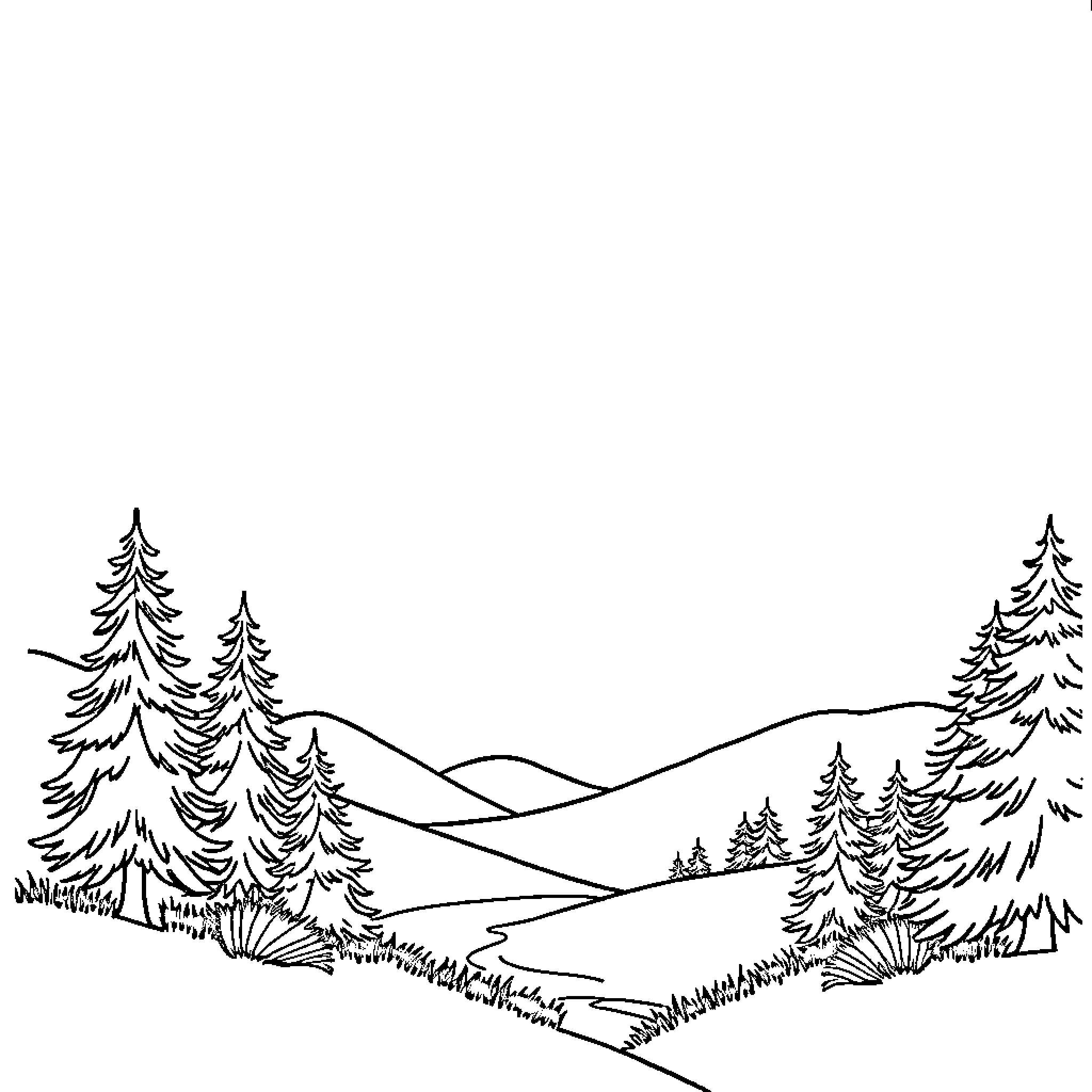 Image of a peaceful forest landscape Coloring Page (free black-and-white line drawing printable PDF for all, from beginners to advanced learners, including children, teens, adults, and seniors)