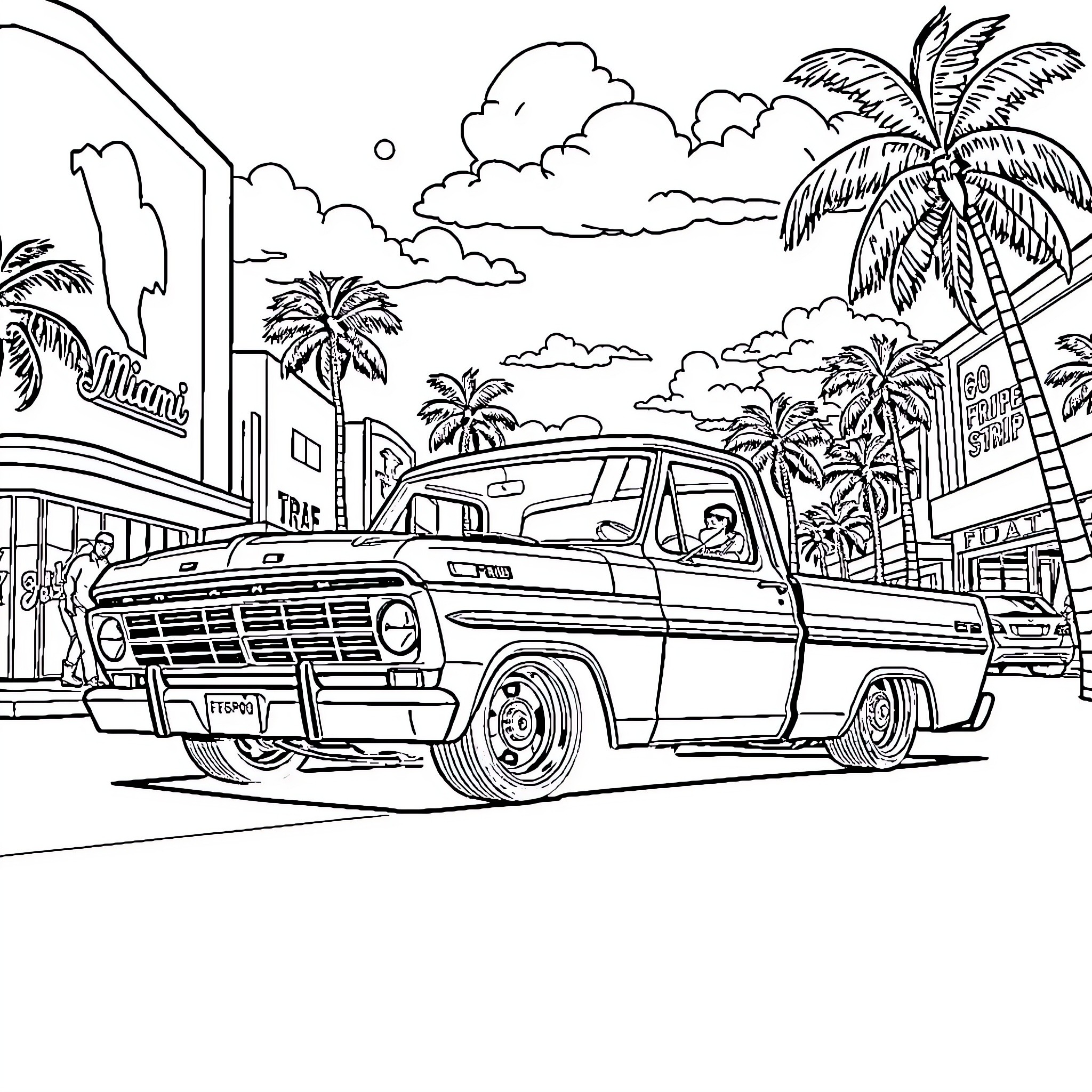 F100 Classic Truck in Tropical Cityscape Coloring Page (free black-and-white line drawing printable PDF for all, from beginners to advanced learners, including children, teens, adults, and seniors)