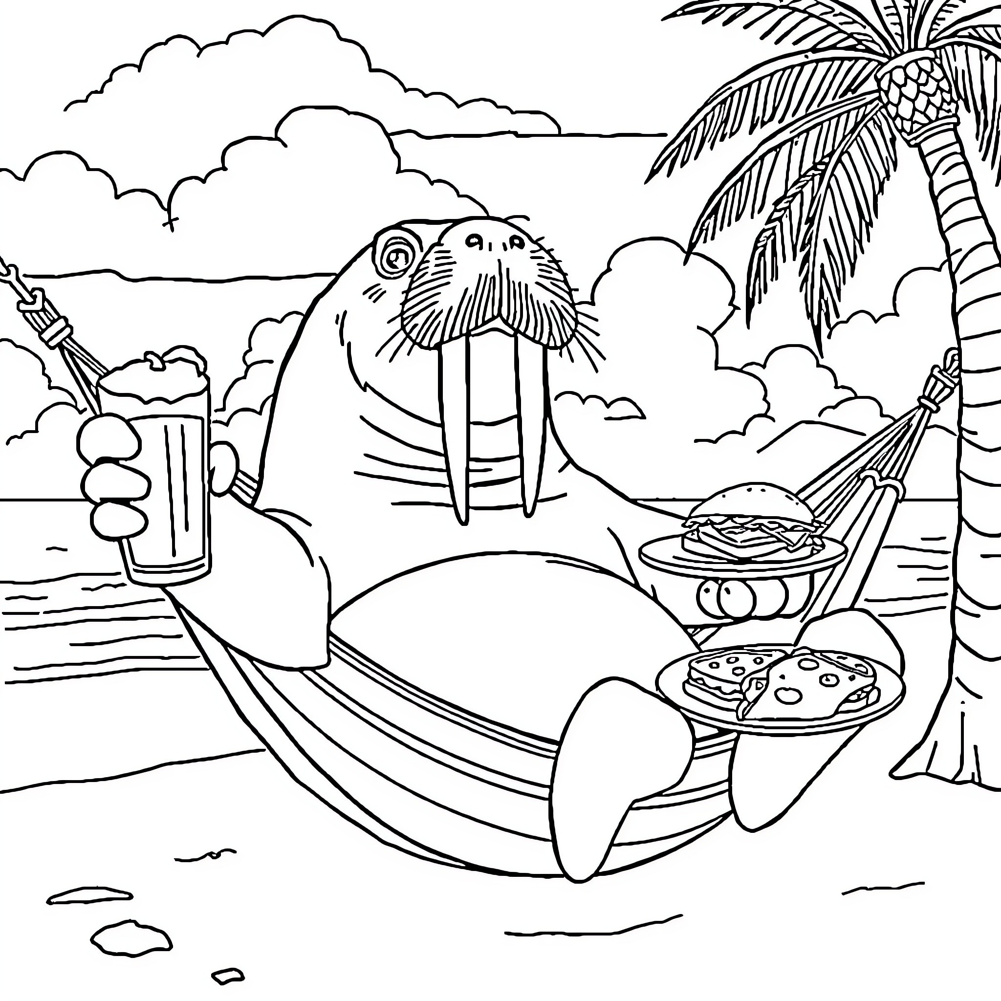 Walrus relaxing on the beach with tropical drinks and snacks Coloring Page (free black-and-white line drawing printable PDF for all, from beginners to advanced learners, including children, teens, adults, and seniors)