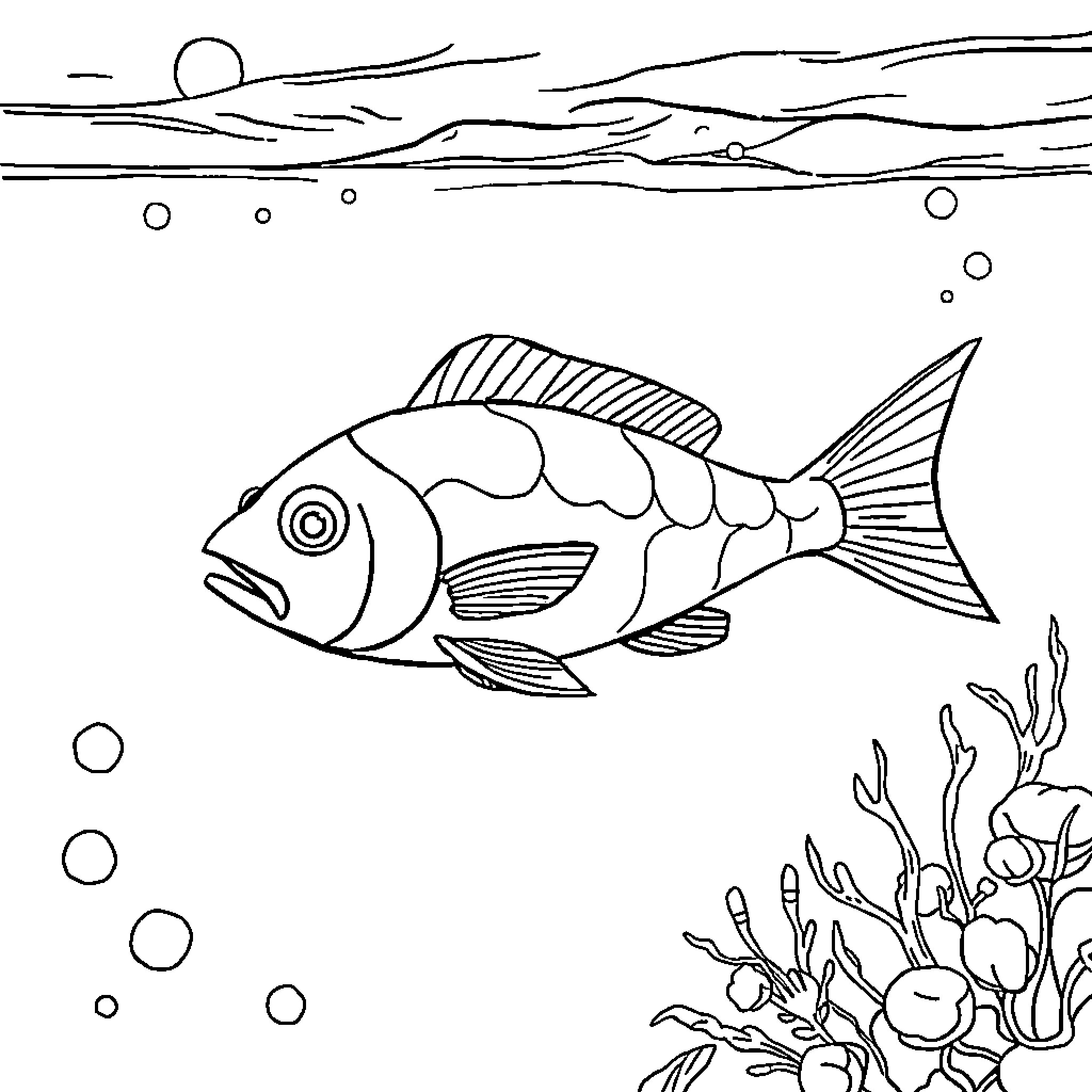 Fish swimming in an underwater scene Coloring Page (free black-and-white line drawing printable PDF for all, from beginners to advanced learners, including children, teens, adults, and seniors)