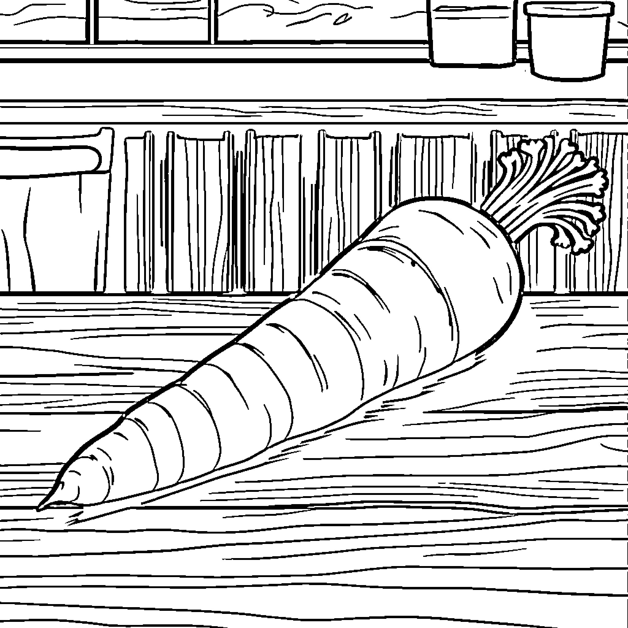 Carrot on Wooden Shelves Coloring Page (free black-and-white line drawing printable PDF for all, from beginners to advanced learners, including children, teens, adults, and seniors)