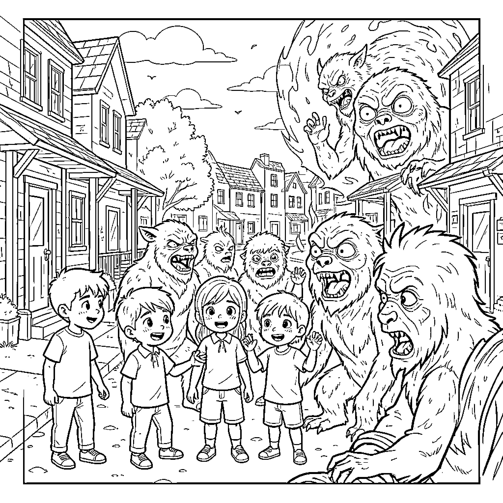 Stranger Things: Monstrous Mayhem in the Neighborhood Coloring Page (free black-and-white line drawing printable PDF for all, from beginners to advanced learners, including children, teens, adults, and seniors)