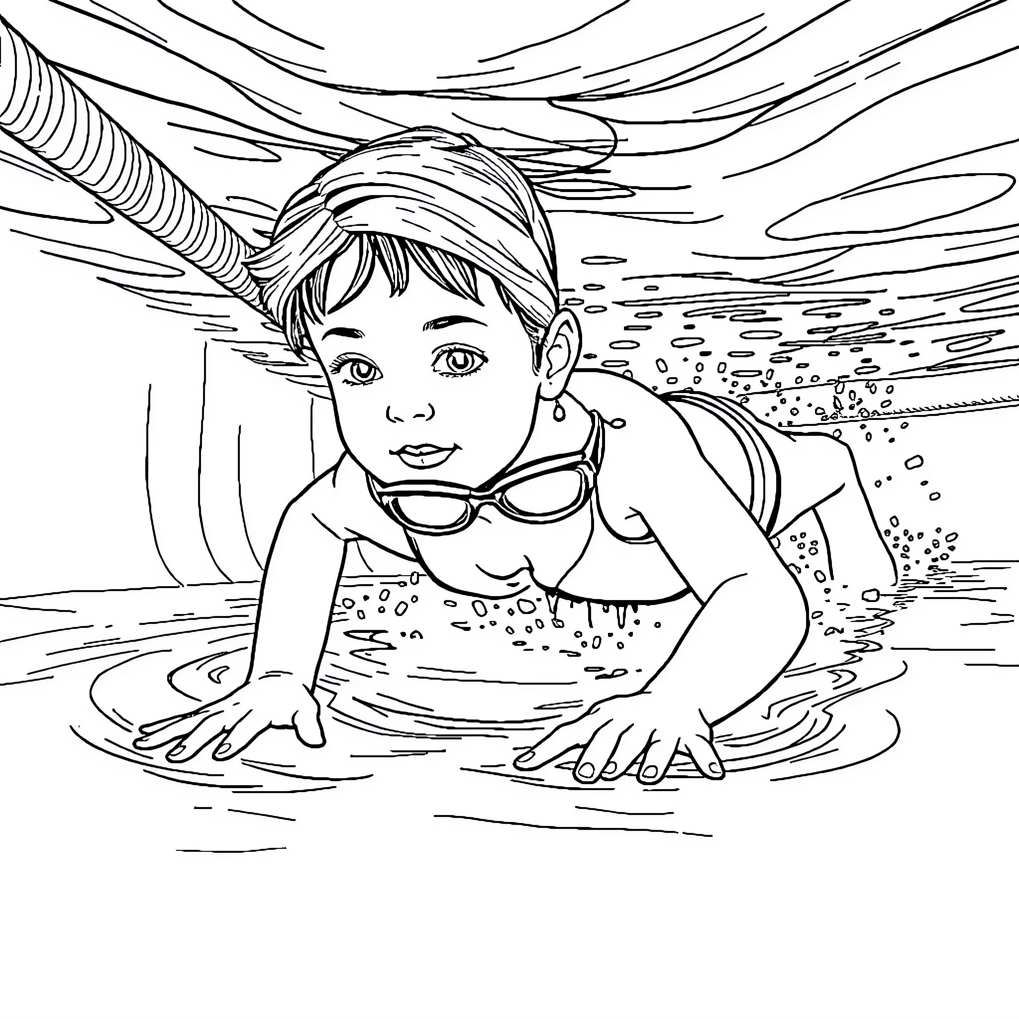 Fille swimming in the ocean Coloring Page (free black-and-white line drawing printable PDF for all, from beginners to advanced learners, including children, teens, adults, and seniors)