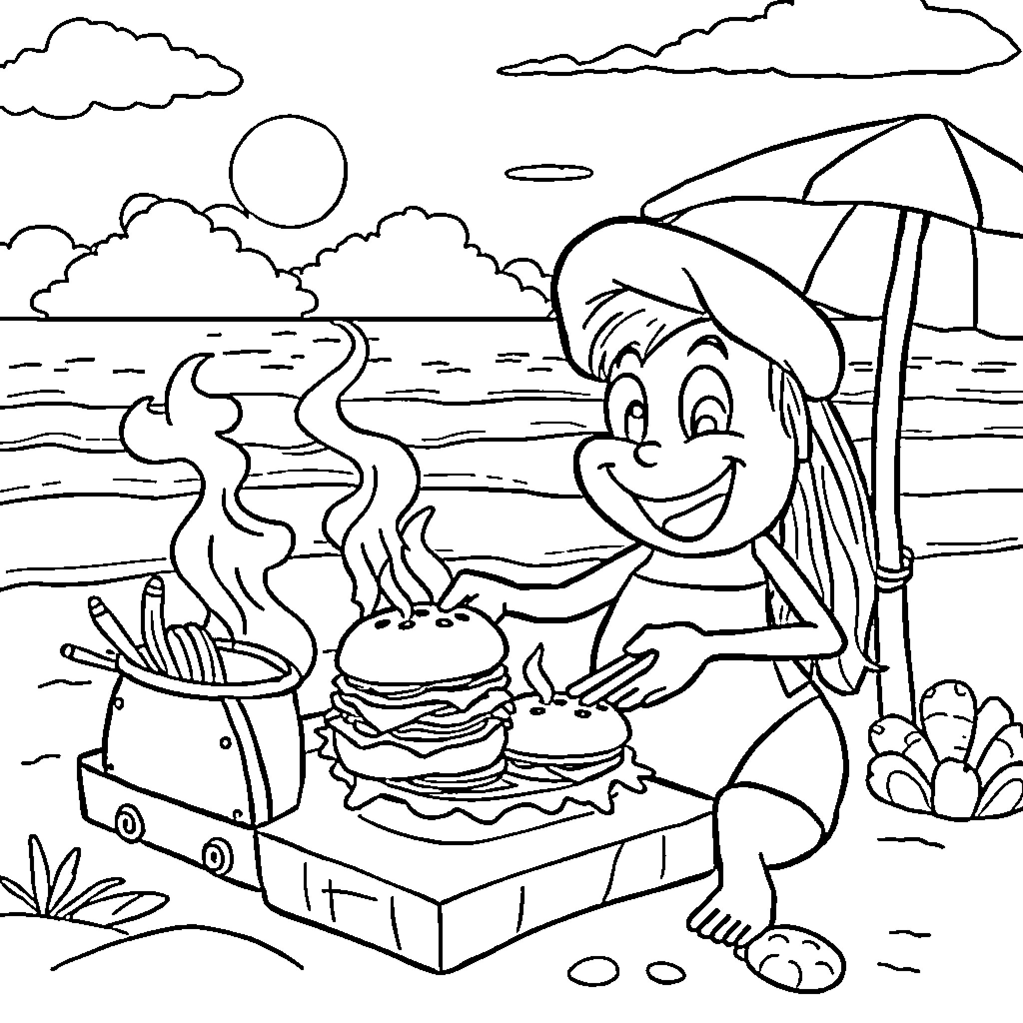 Tralalero Picnic by the Beach Coloring Page (free black-and-white line drawing printable PDF for all, from beginners to advanced learners, including children, teens, adults, and seniors)