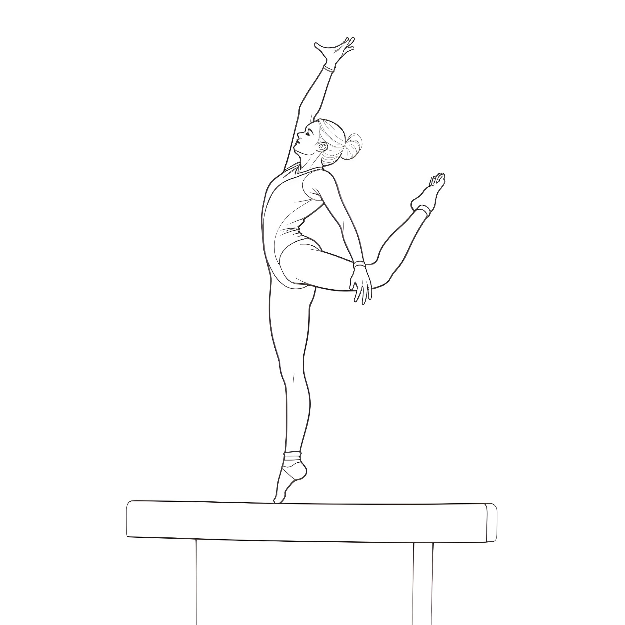 Gymnast performing balance beam routine Coloring Page (free black-and-white line drawing printable PDF for all, from beginners to advanced learners, including children, teens, adults, and seniors)