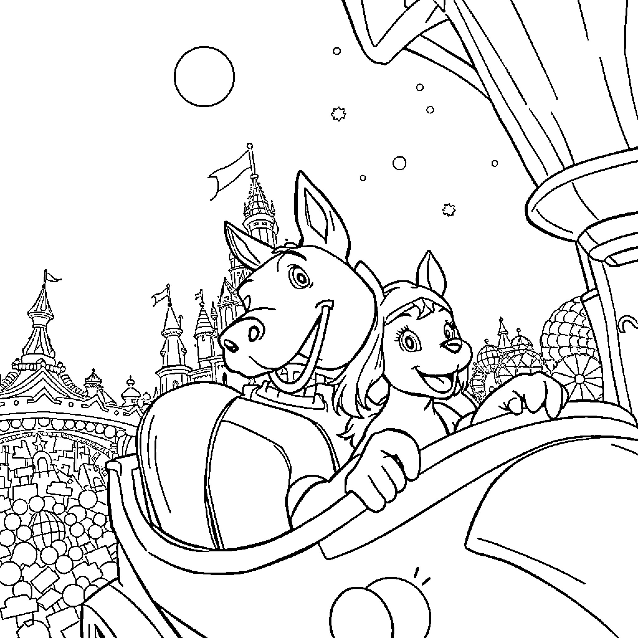 HUNTR/X Cartoon Characters in Whimsical Adventure Coloring Page (free black-and-white line drawing printable PDF for all, from beginners to advanced learners, including children, teens, adults, and seniors)