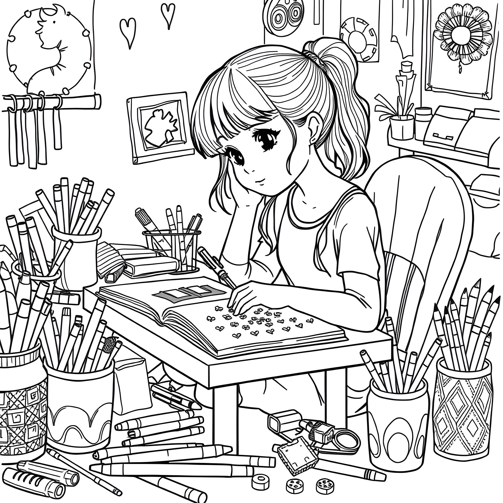Girl Studying Intently in her Creative Workspace Coloring Page (free black-and-white line drawing printable PDF for all, from beginners to advanced learners, including children, teens, adults, and seniors)