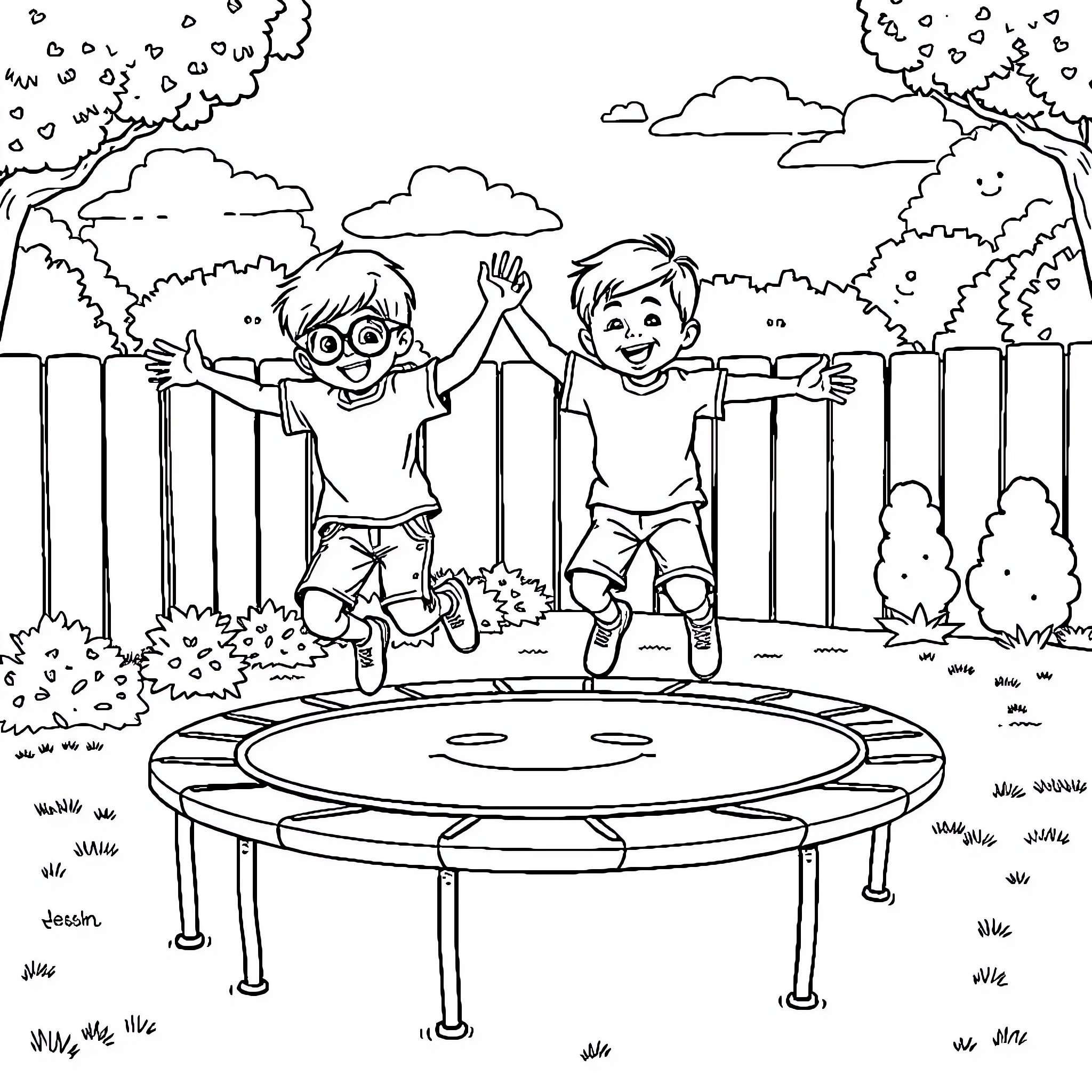 Boys playing joyfully on trampoline in backyard Coloring Page (free black-and-white line drawing printable PDF for all, from beginners to advanced learners, including children, teens, adults, and seniors)
