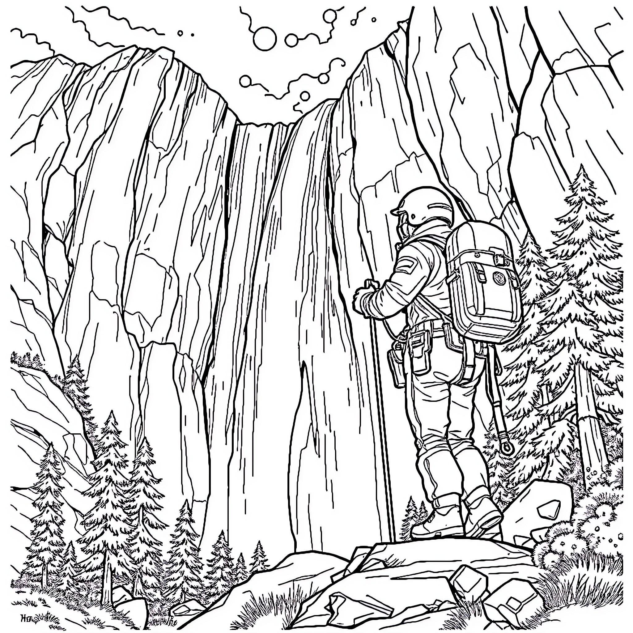 Explorateur in awe of majestic mountain landscape Coloring Page (free black-and-white line drawing printable PDF for all, from beginners to advanced learners, including children, teens, adults, and seniors)