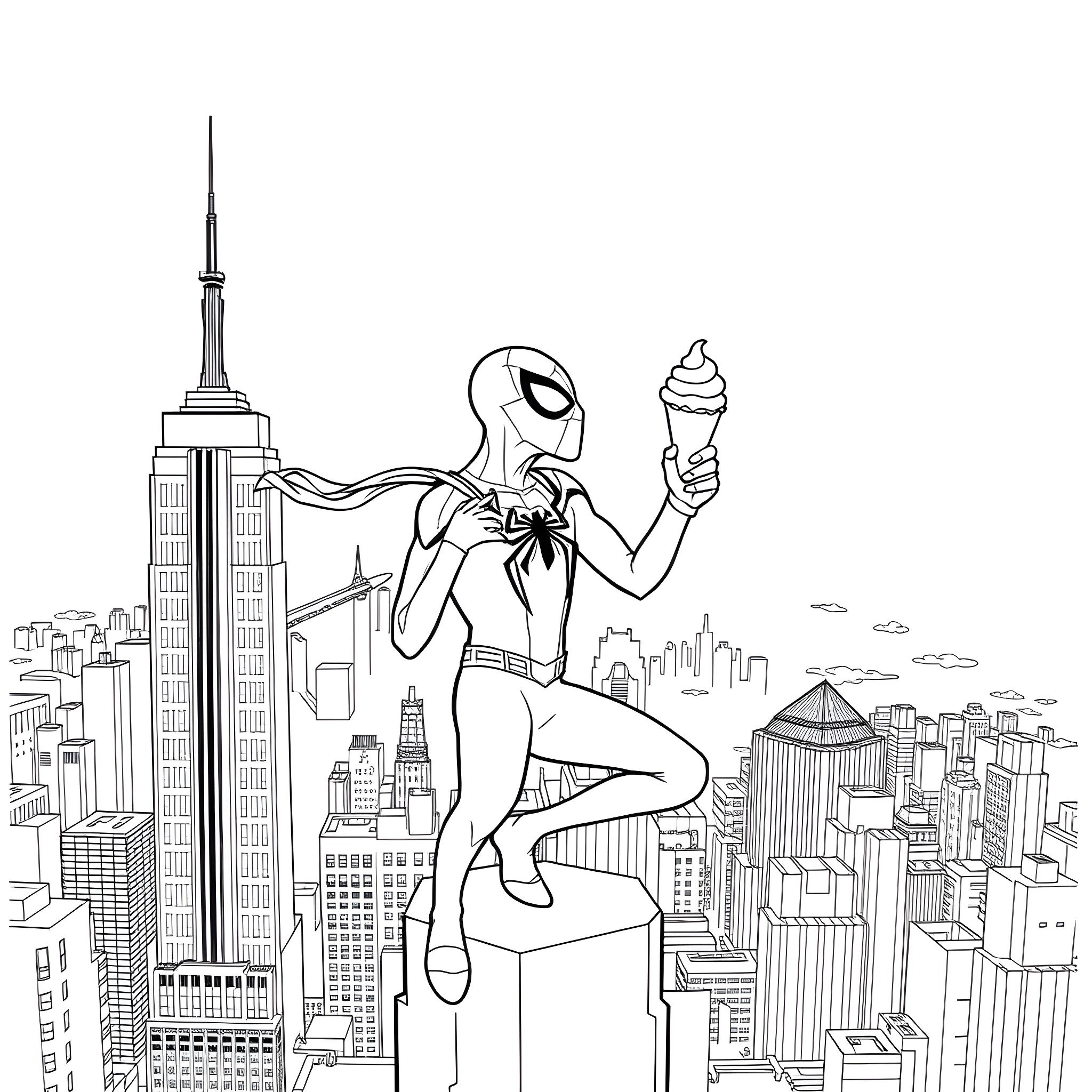 Spiderman enjoying an ice cream on top of a skyscraper Coloring Page (free black-and-white line drawing printable PDF for all, from beginners to advanced learners, including children, teens, adults, and seniors)