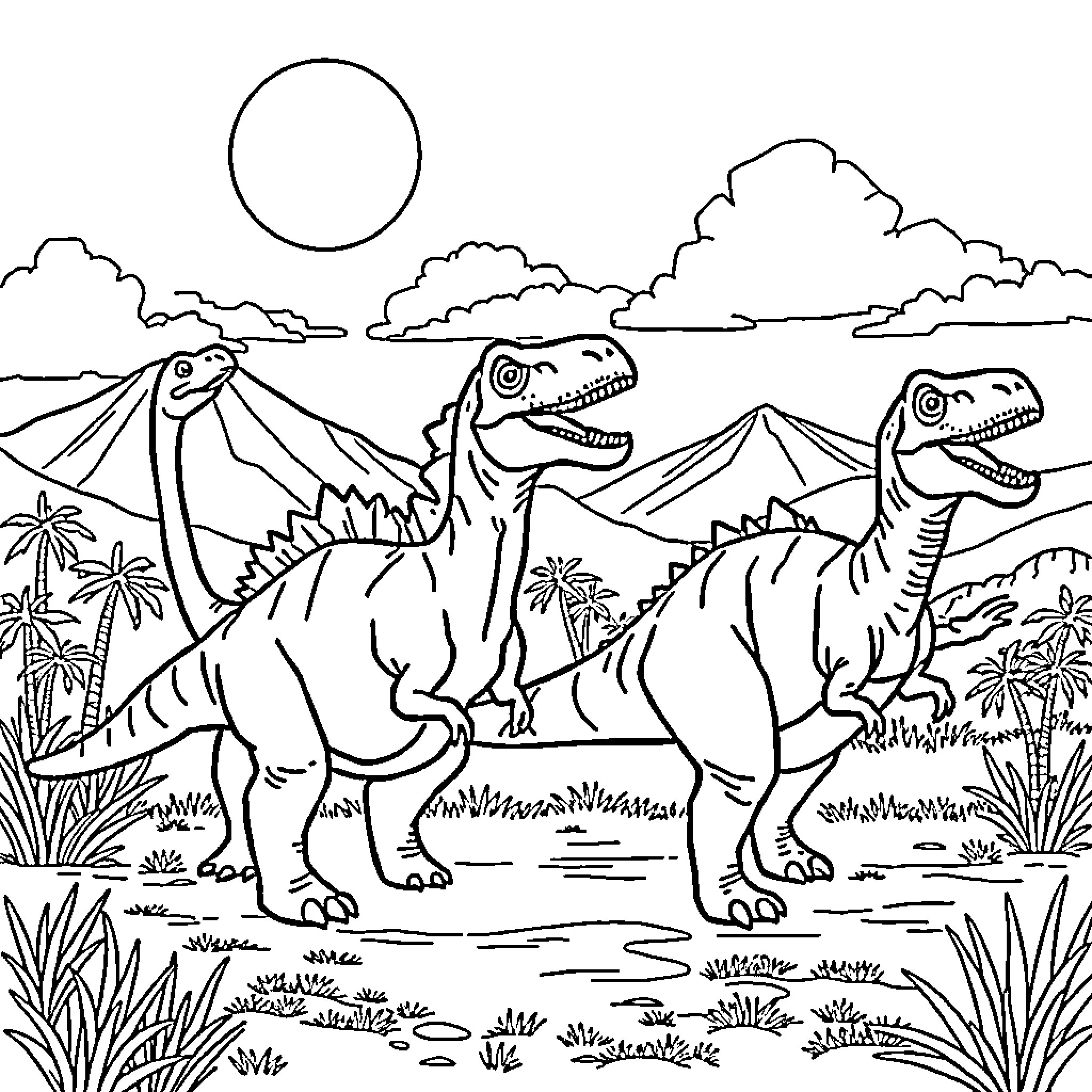 Dinosaurs roaming the prehistoric landscape Coloring Page (free black-and-white line drawing printable PDF for all, from beginners to advanced learners, including children, teens, adults, and seniors)