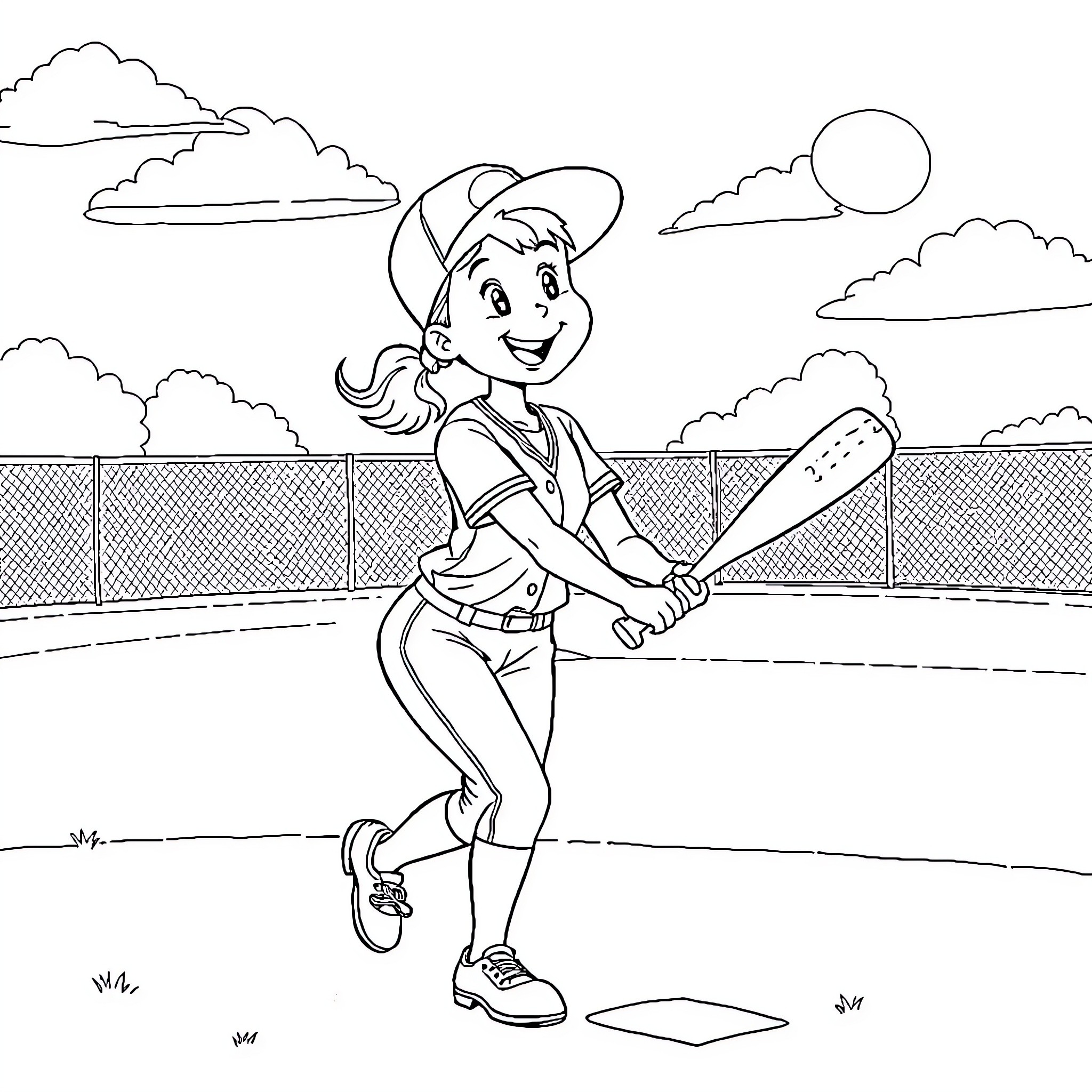 Flo playing softball on the field Coloring Page (free black-and-white line drawing printable PDF for all, from beginners to advanced learners, including children, teens, adults, and seniors)