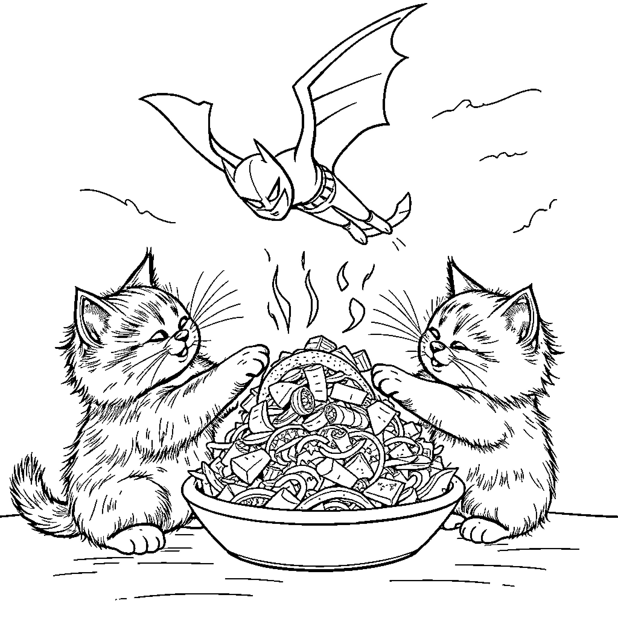 Cat Enjoying a Feast with Bat Companion Coloring Page (free black-and-white line drawing printable PDF for all, from beginners to advanced learners, including children, teens, adults, and seniors)