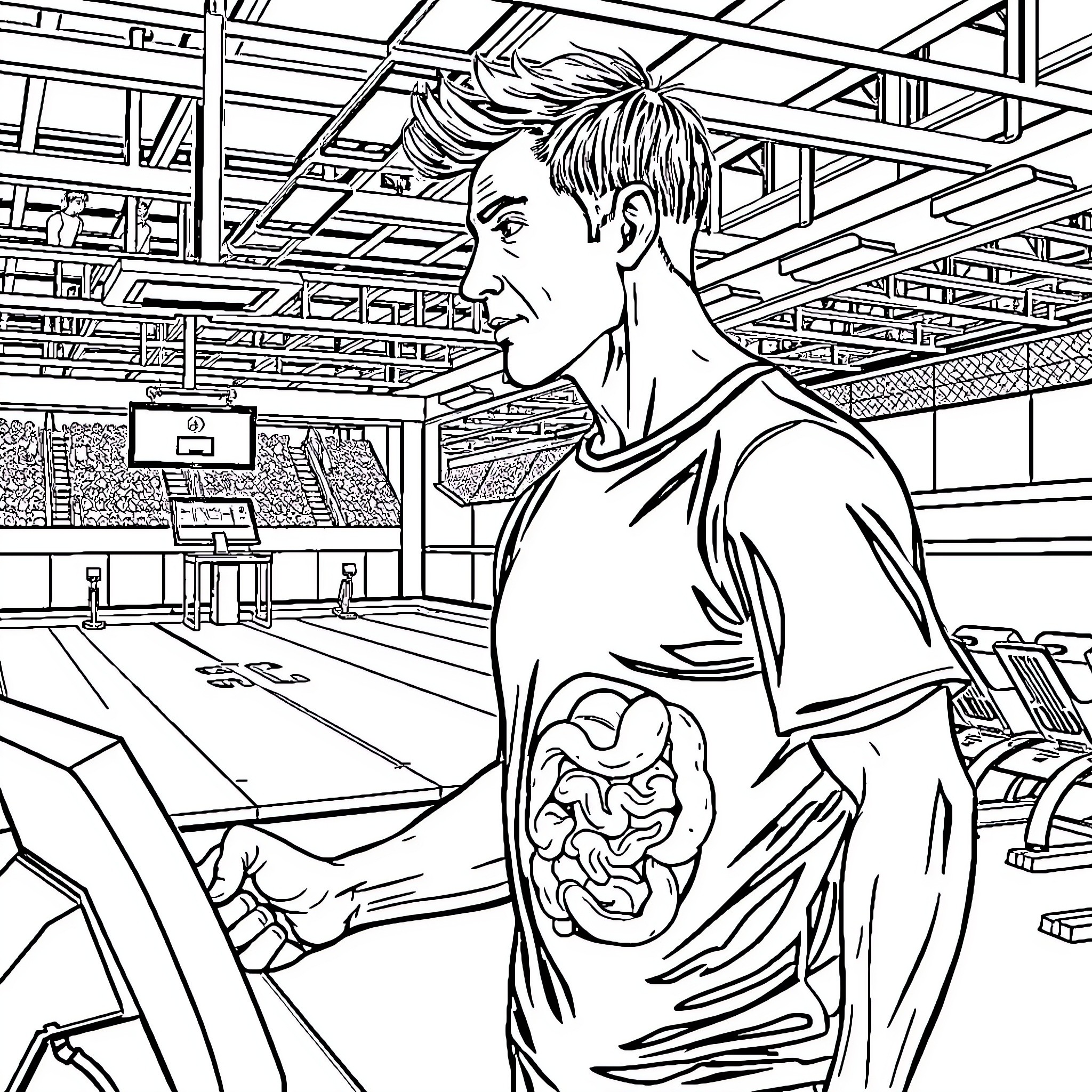 Homme dans un centre commercial moderne Coloring Page (free black-and-white line drawing printable PDF for all, from beginners to advanced learners, including children, teens, adults, and seniors)