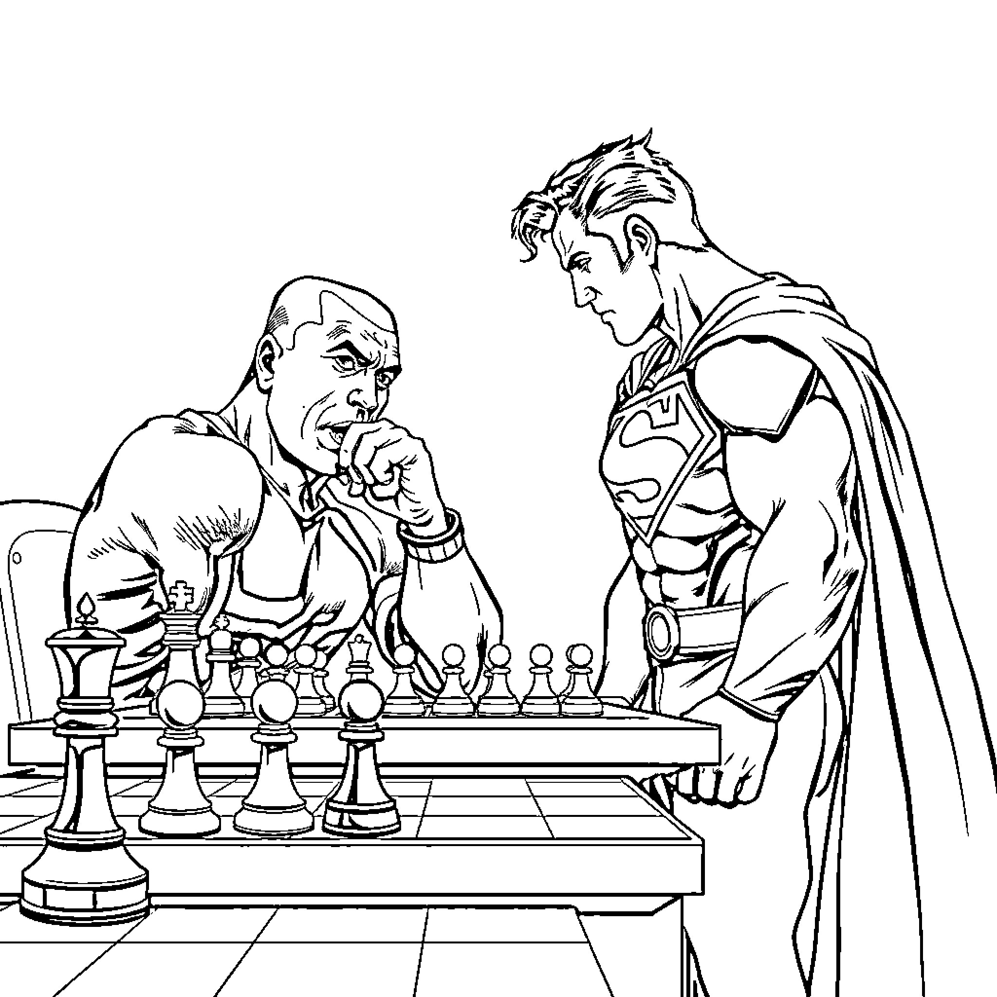 Mike Tyson and Superman engage in a chess match Coloring Page (free black-and-white line drawing printable PDF for all, from beginners to advanced learners, including children, teens, adults, and seniors)