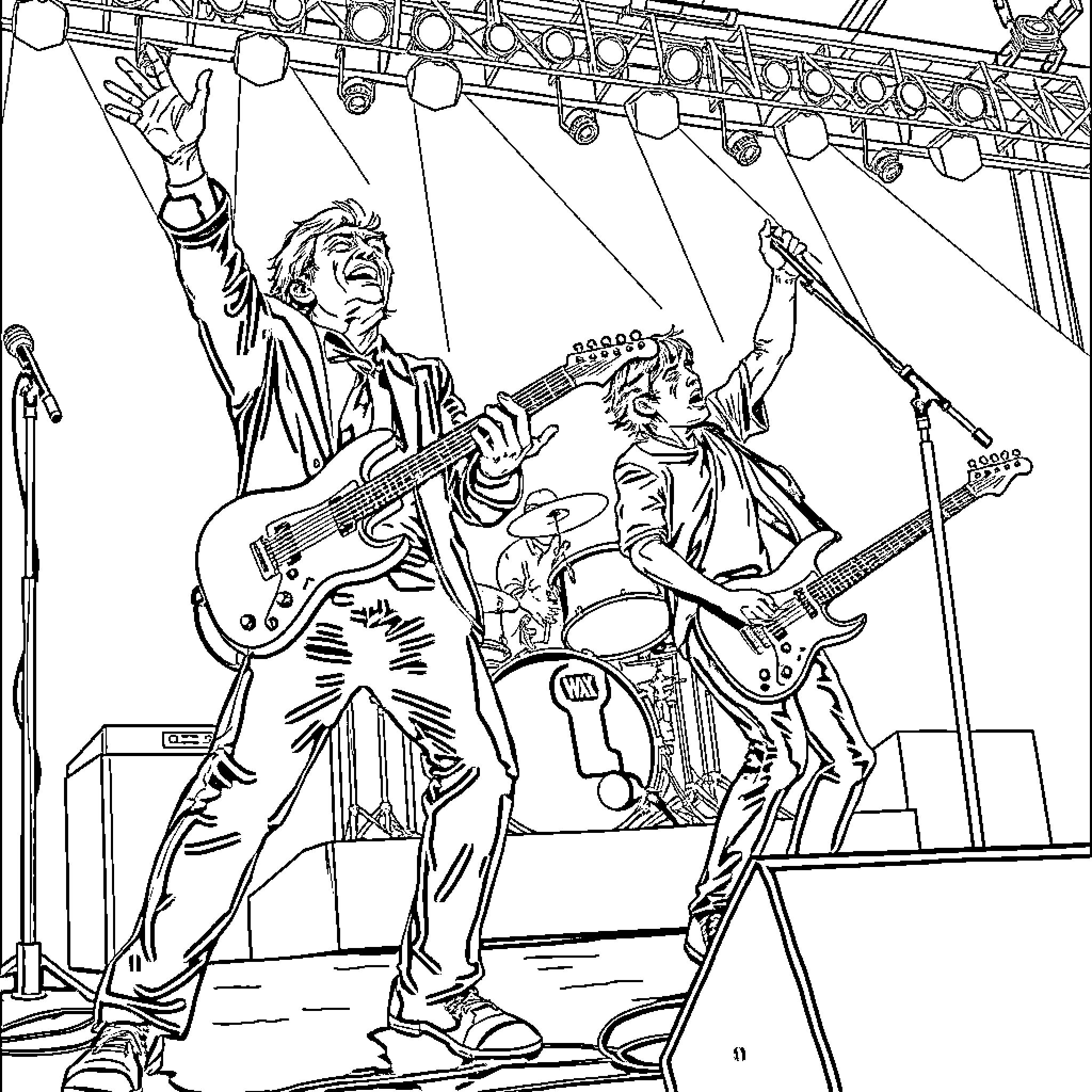 Breakforcover - Energetic rock band performance on stage Coloring Page (free black-and-white line drawing printable PDF for all, from beginners to advanced learners, including children, teens, adults, and seniors)