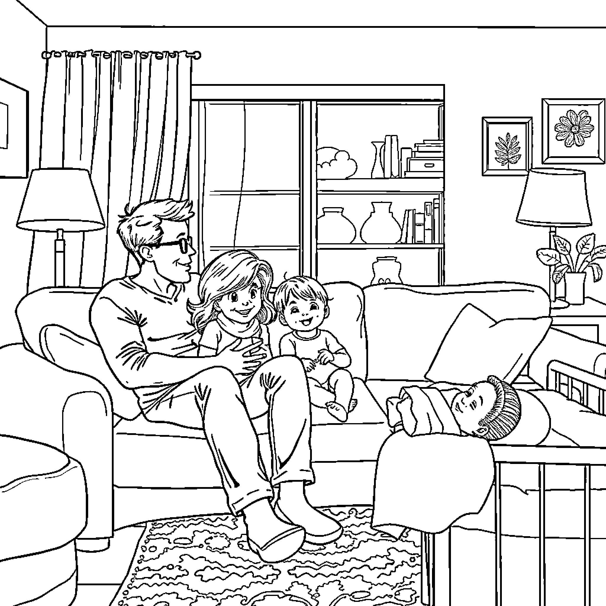 Family Enjoying Quality Time Together at Home Coloring Page (free black-and-white line drawing printable PDF for all, from beginners to advanced learners, including children, teens, adults, and seniors)