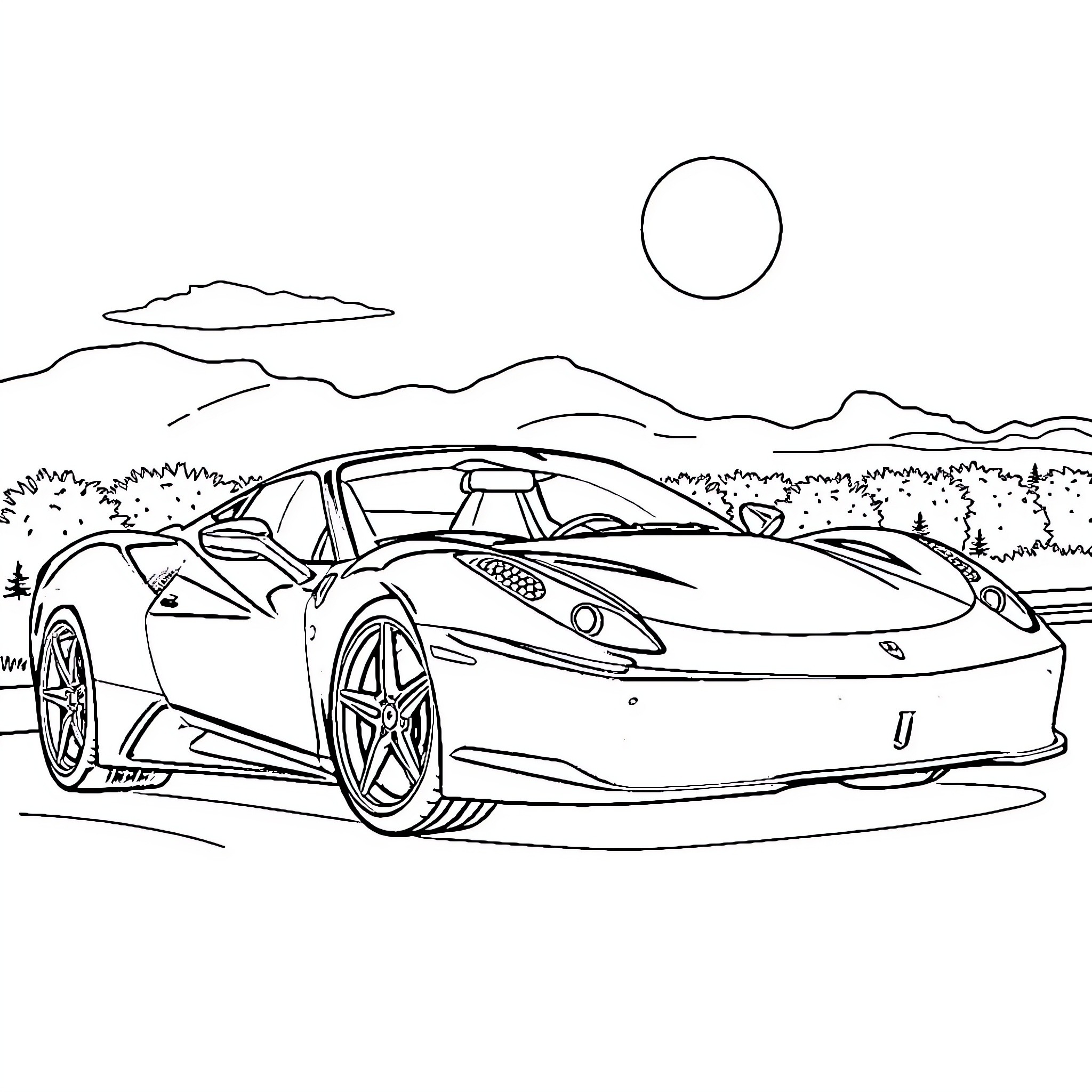 Ferrari sports car in picturesque landscape Coloring Page (free black-and-white line drawing printable PDF for all, from beginners to advanced learners, including children, teens, adults, and seniors)