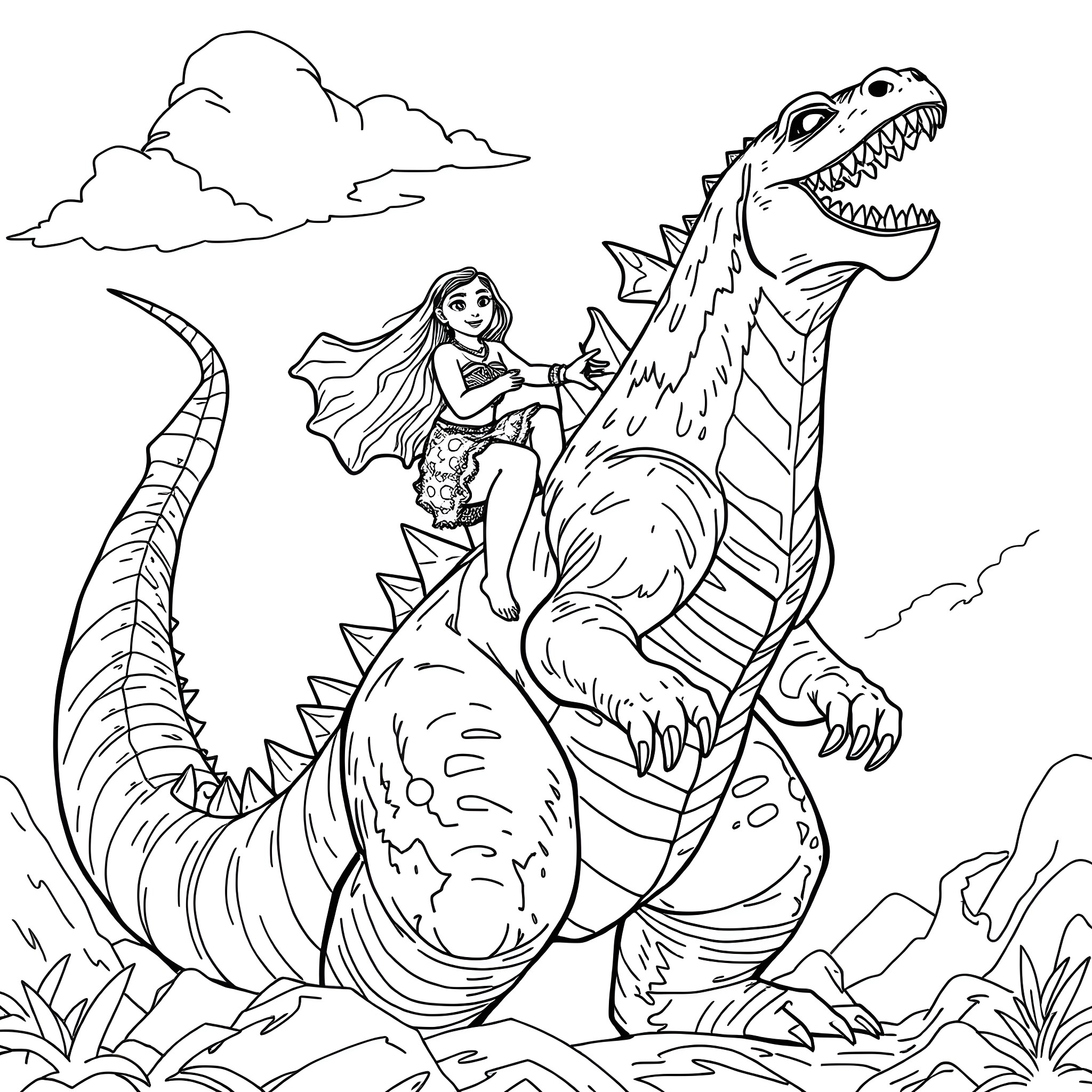 Moana riding an alligator-like creature in a fantasy landscape Coloring Page (free black-and-white line drawing printable PDF for all, from beginners to advanced learners, including children, teens, adults, and seniors)