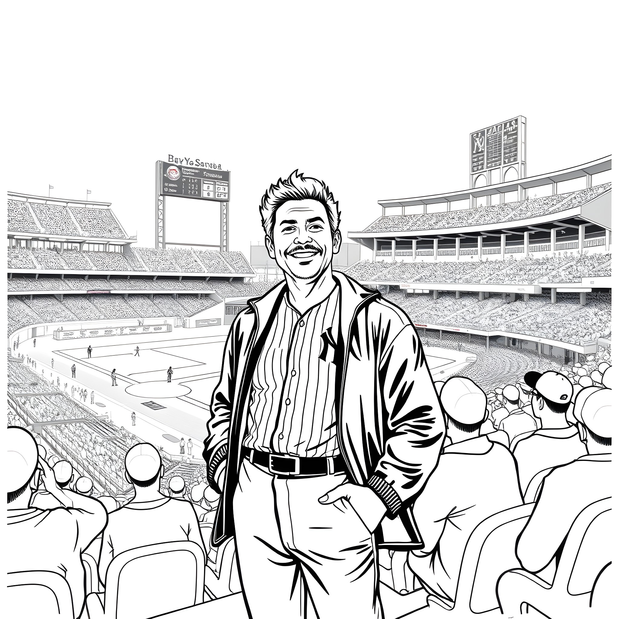 Rick Sanchez enjoying a baseball game with the crowd Coloring Page (free black-and-white line drawing printable PDF for all, from beginners to advanced learners, including children, teens, adults, and seniors)