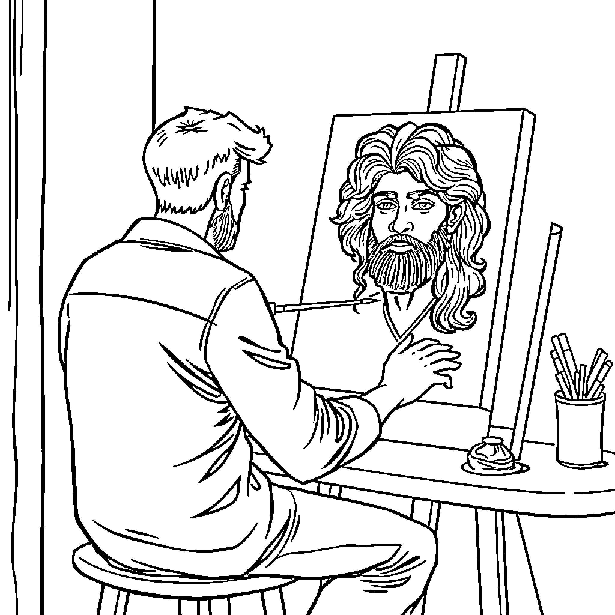 Self Portrait of a Bearded Artist Painting a Dramatic Portrait Coloring Page (free black-and-white line drawing printable PDF for all, from beginners to advanced learners, including children, teens, adults, and seniors)