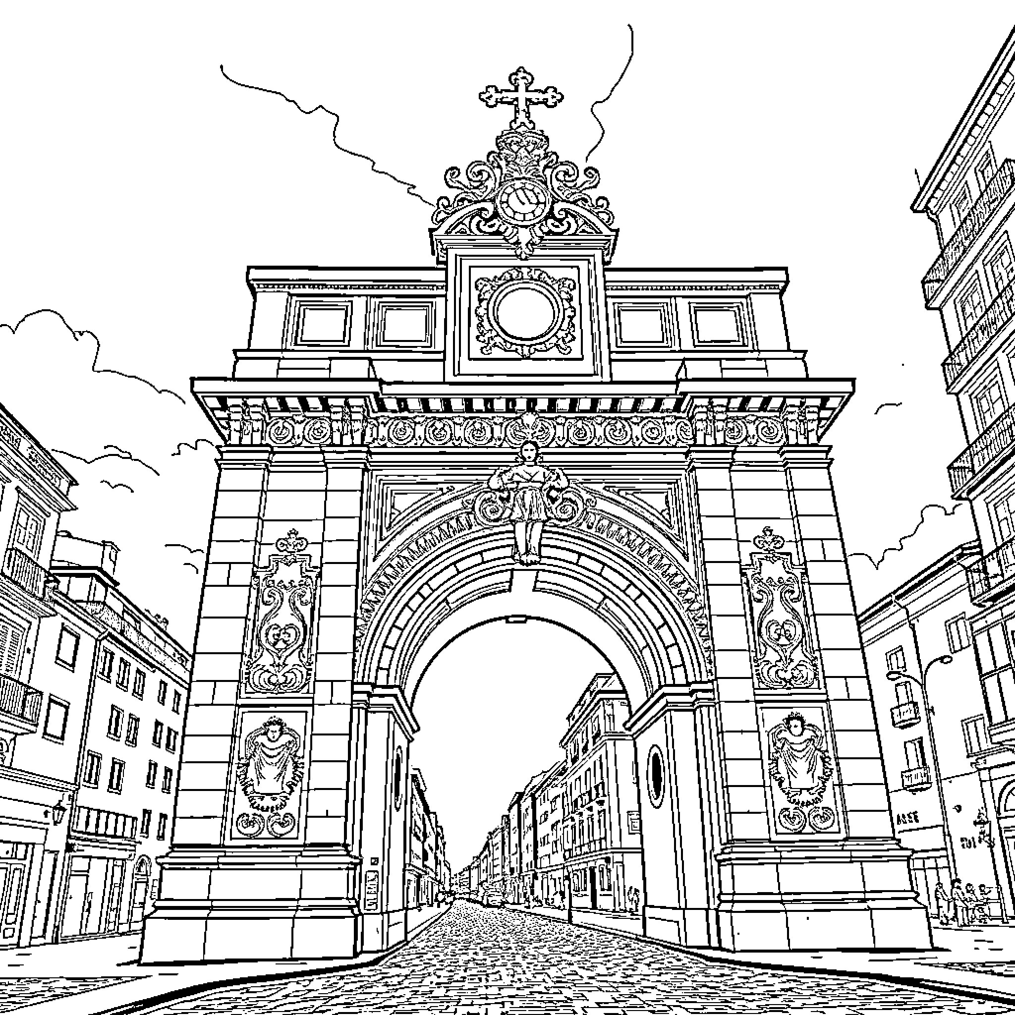 Arch of Ornate Historic City Gateway Coloring Page (free black-and-white line drawing printable PDF for all, from beginners to advanced learners, including children, teens, adults, and seniors)