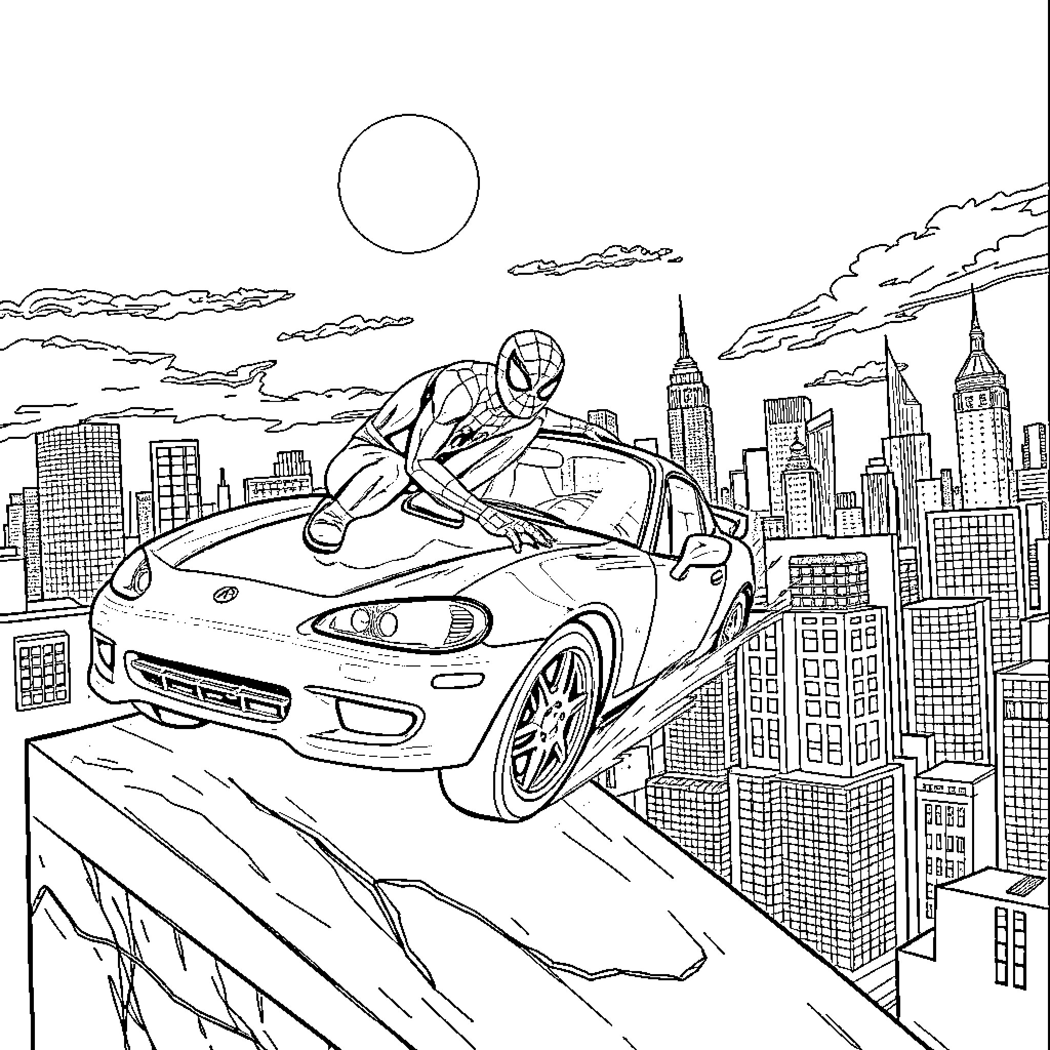 Spiderman swinging high above the city streets Coloring Page (free black-and-white line drawing printable PDF for all, from beginners to advanced learners, including children, teens, adults, and seniors)