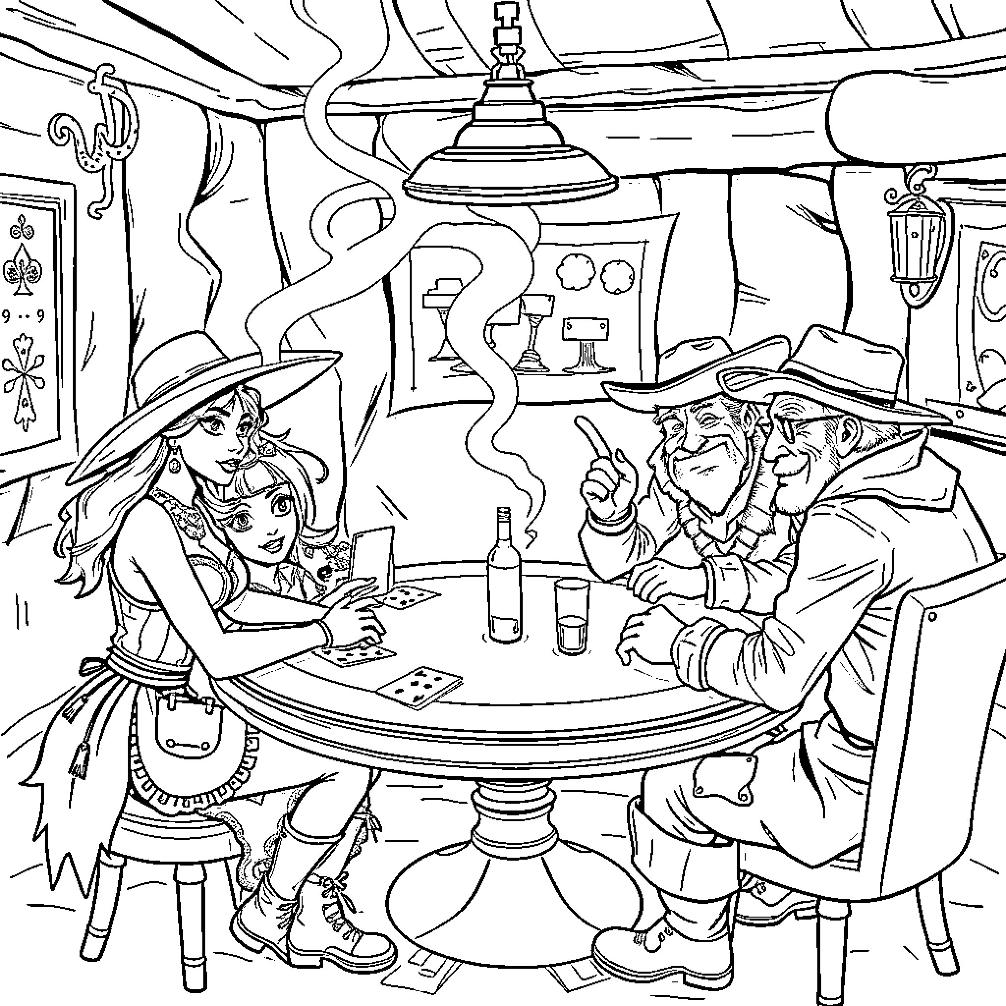 Vixen Socializing at the Saloon Coloring Page (free black-and-white line drawing printable PDF for all, from beginners to advanced learners, including children, teens, adults, and seniors)
